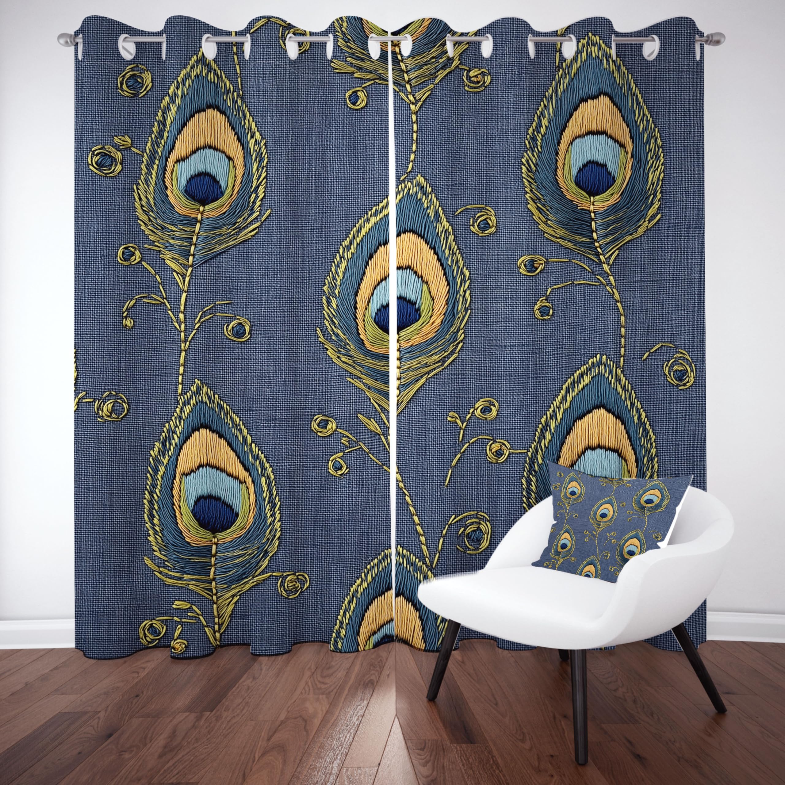 Simulation Stickerei Thermovorhang 225x140 cm, Pfau Feder Gardinen 2er Set mit Ösen, Luxus Elegant Art Verdunklungsvorhänge Schlafzimmer Blickdicht Curtains Wohnzimmer Fensterdekoration