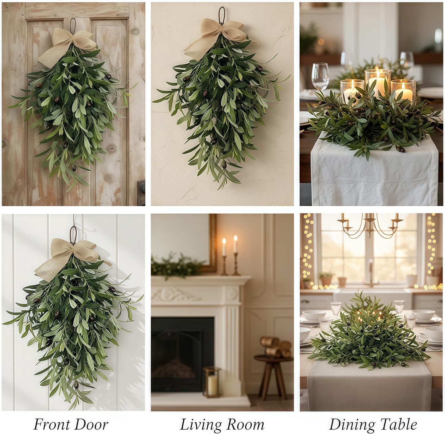 2026 Spring Olive Branch Teardrop Swag 24 Inch, Extra Full & Thick Faux Greenery with Upgraded Ribbon & Textured Leaves, Sturdy Farmhouse Hanging Wreath for Door, Wedding Arch, Kitchen (Green 2Pcs)