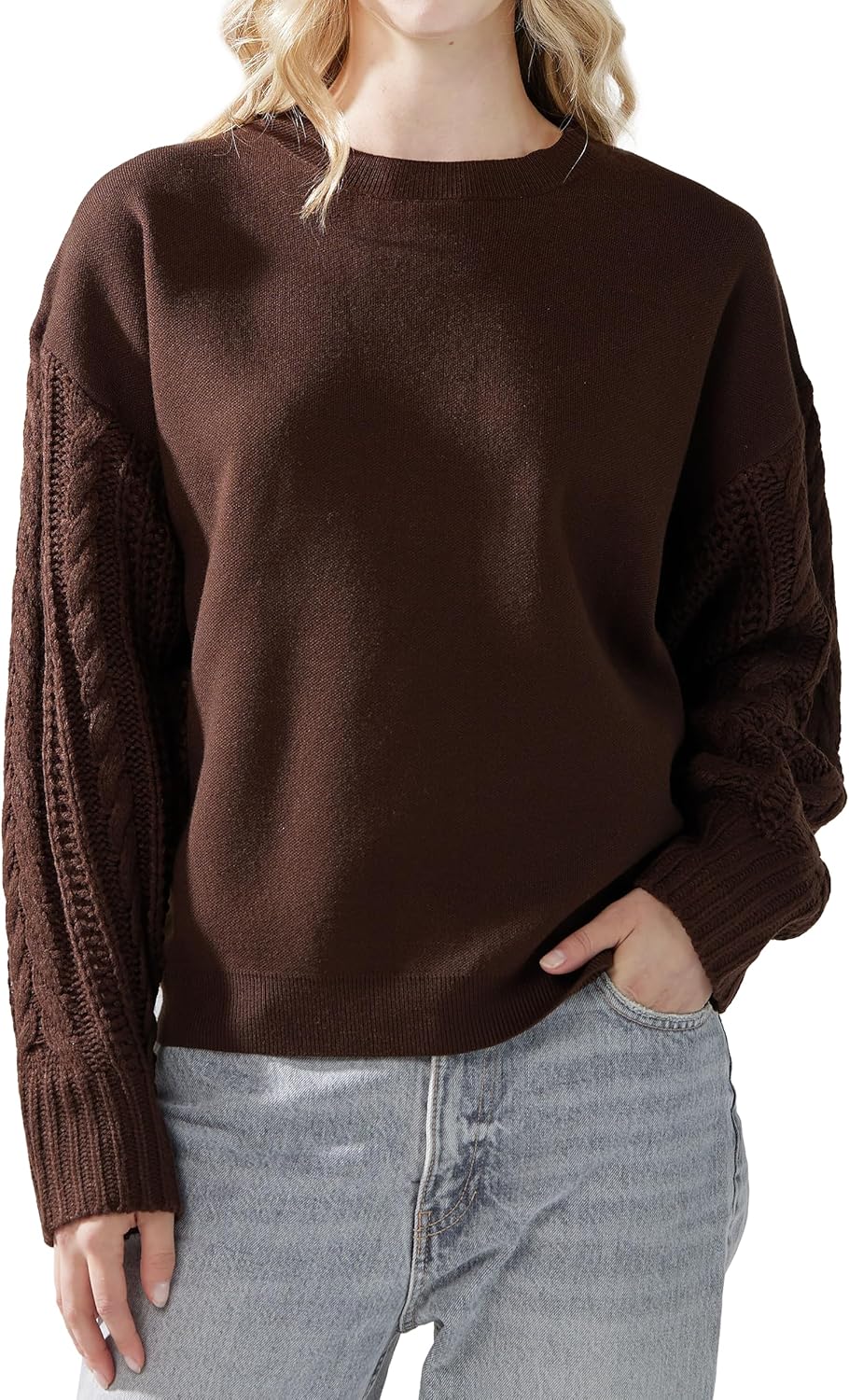 noflik Women's Soft Touch Crew Neck Long Cable Knit Sleeve Sweater Top