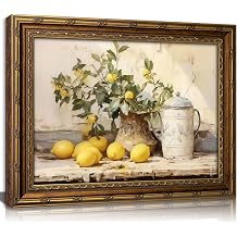 Vintage Gold Framed Canvas Wall Art Farmhouse Rustic Lemon Kitchen Painting Picture Wall Decor Retro Country Still Life Antique Fruit Poster Print Artwork for Dining Room living room