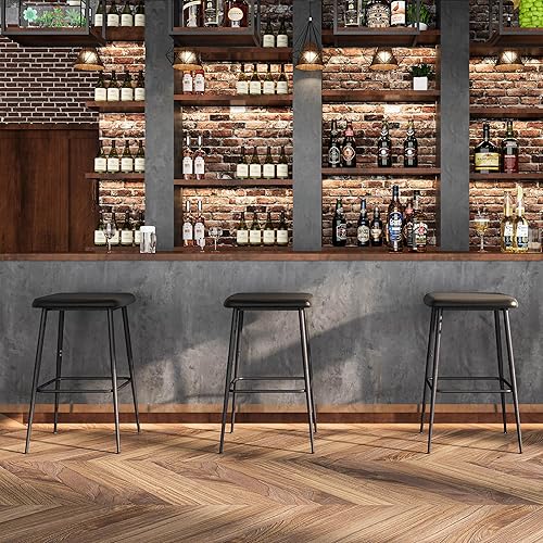 Miniatura 7 de Juego de 2 taburetes de bar, taburetes de bar de altura de mostrador, taburetes de bar industriales modernos con cojín de piel sintética, sillas de