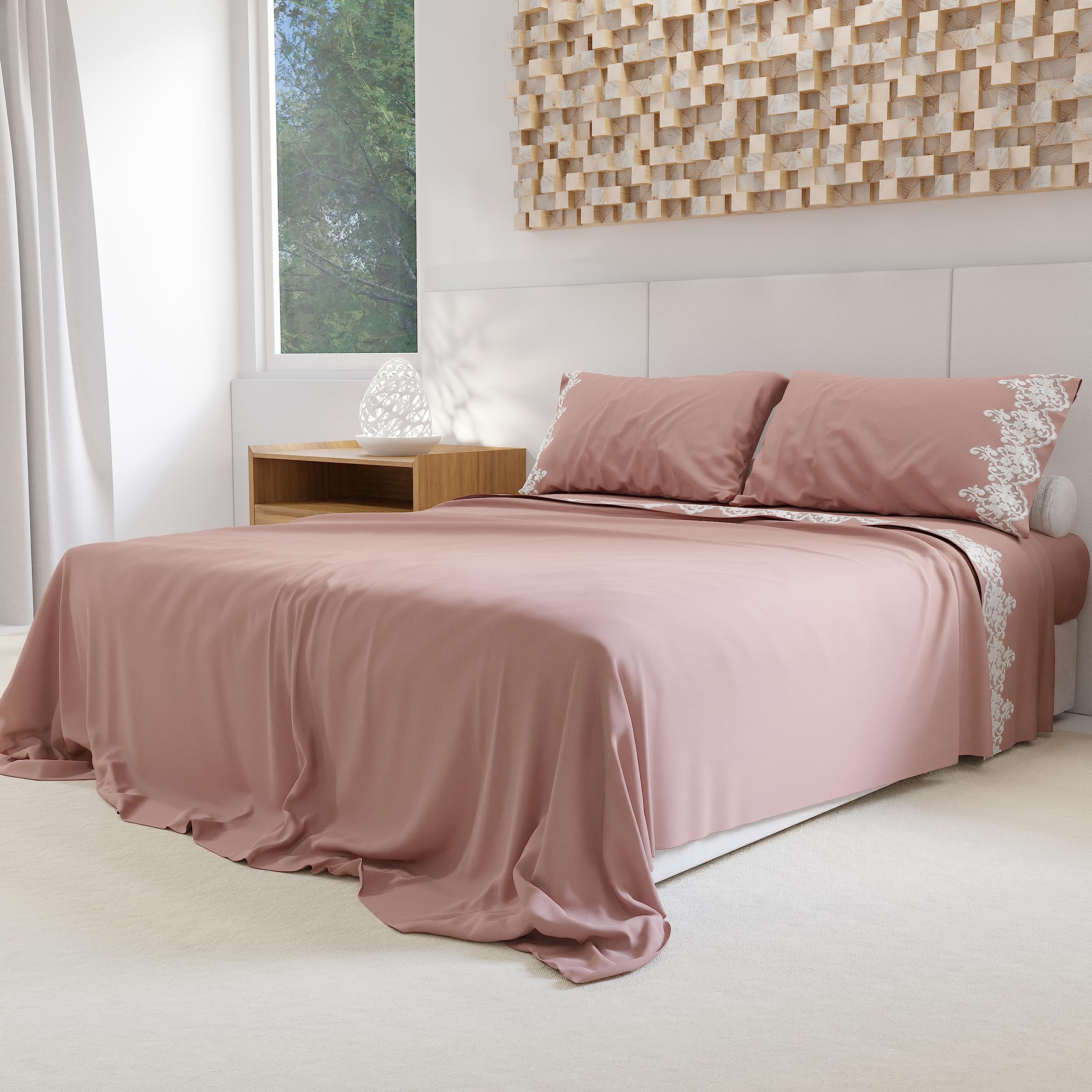 PETTI Artigiani Italiani - Set Lenzuola Matrimoniali Percalle Cotone con Pizzo Macramè Cipria, Completo Letto 4 Pezzi, 100% Made in Italy