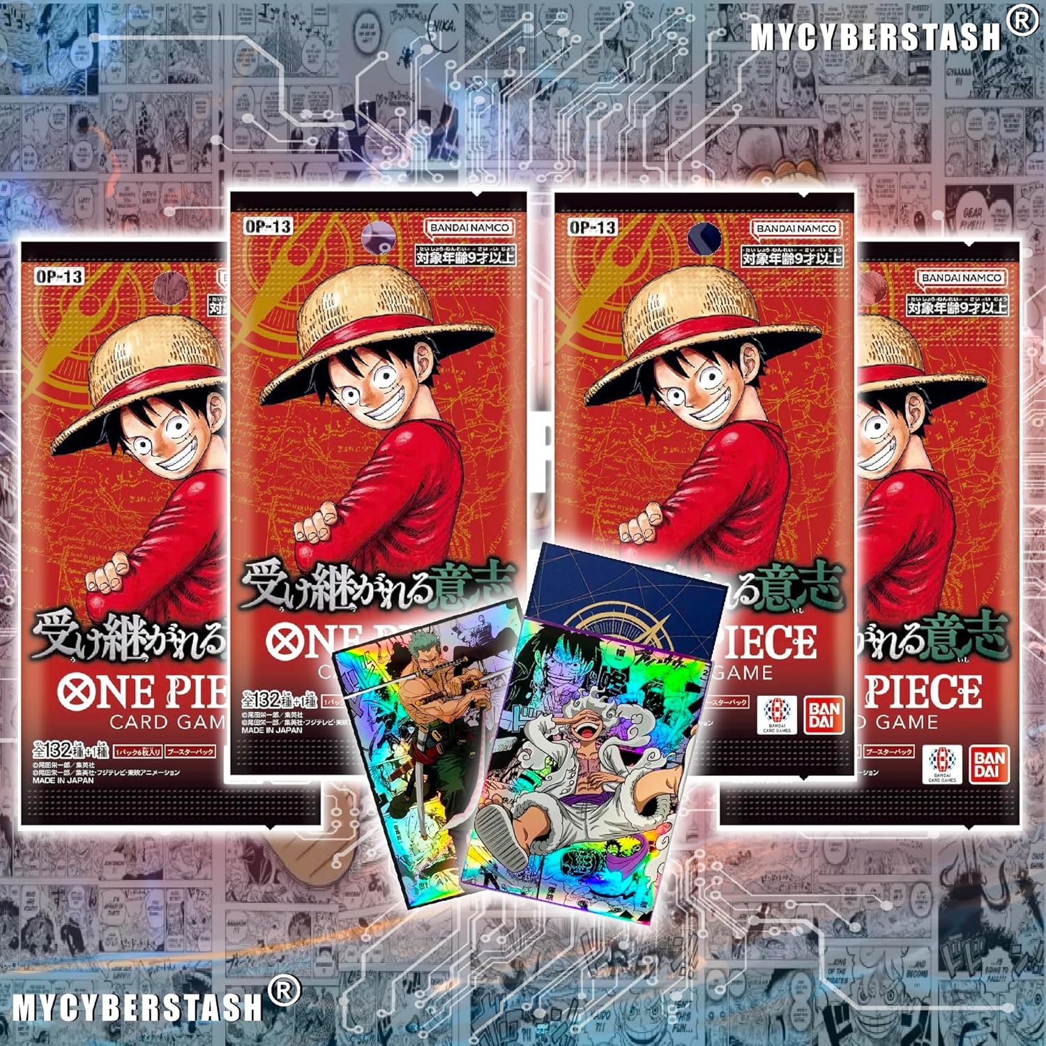 One Piece Booster Packs (Carrying On His Will — 4 Packs of OP-13) with Holographic Sleeves (Japanese) | 1 in 25 Chance of a PSA-Graded 8 or Higher Card