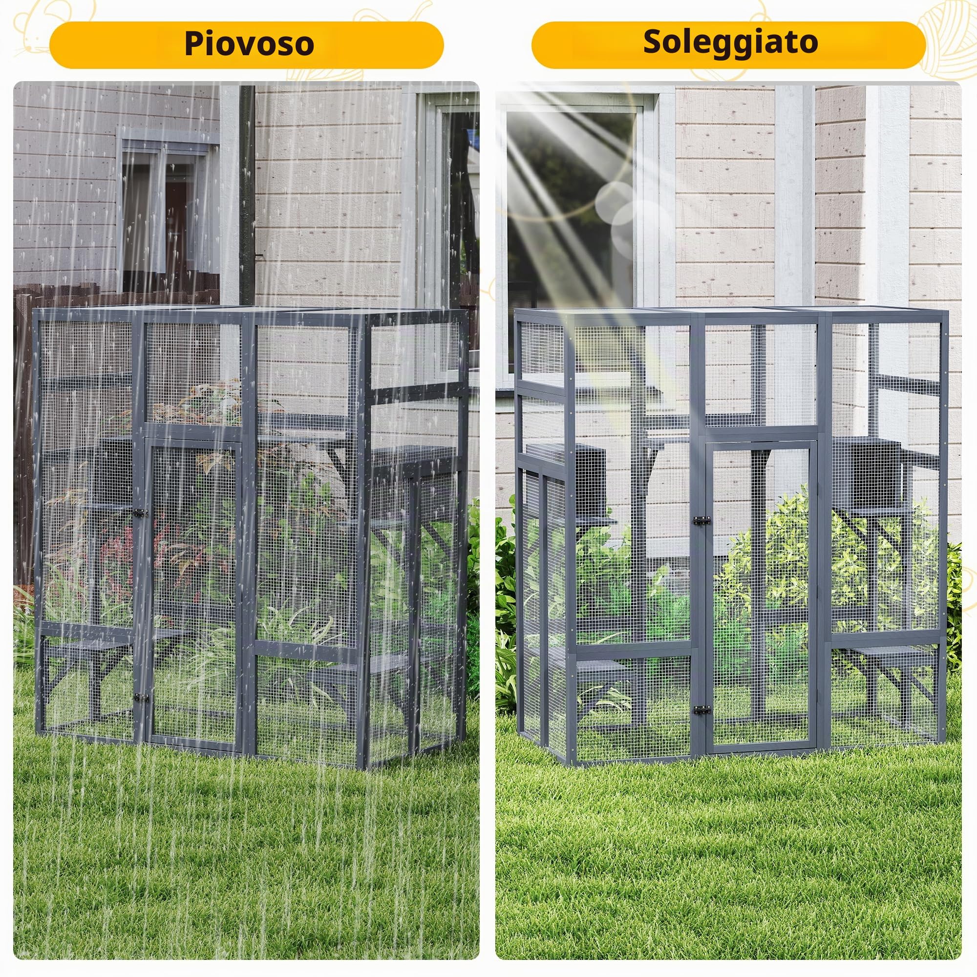 Catio - Recinzione per gatti per esterni, grande recinto per gatti, 159 x 82 x 178 cm, Kitty Haus, casa per gatti con ponti, passeggiate, piccole case, copertura del tetto (grigio scuro)