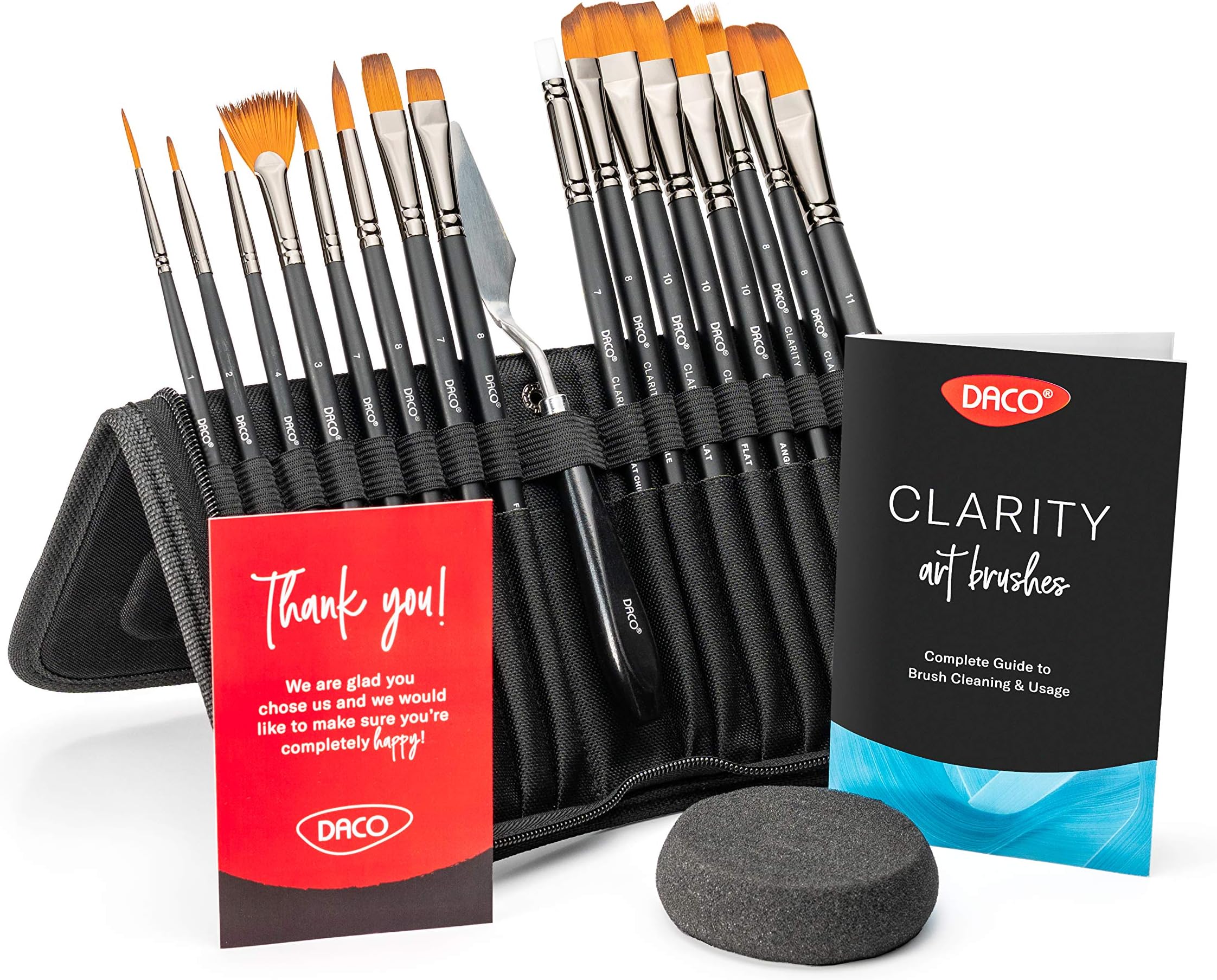 DACO 16 Pieces Paint Brush Set, Intermediate Series, Includes Pop-Up Carrying Case with Palette Knife and Sponge, for Acrylic, Oil, Watercolor, and Gouache Painting