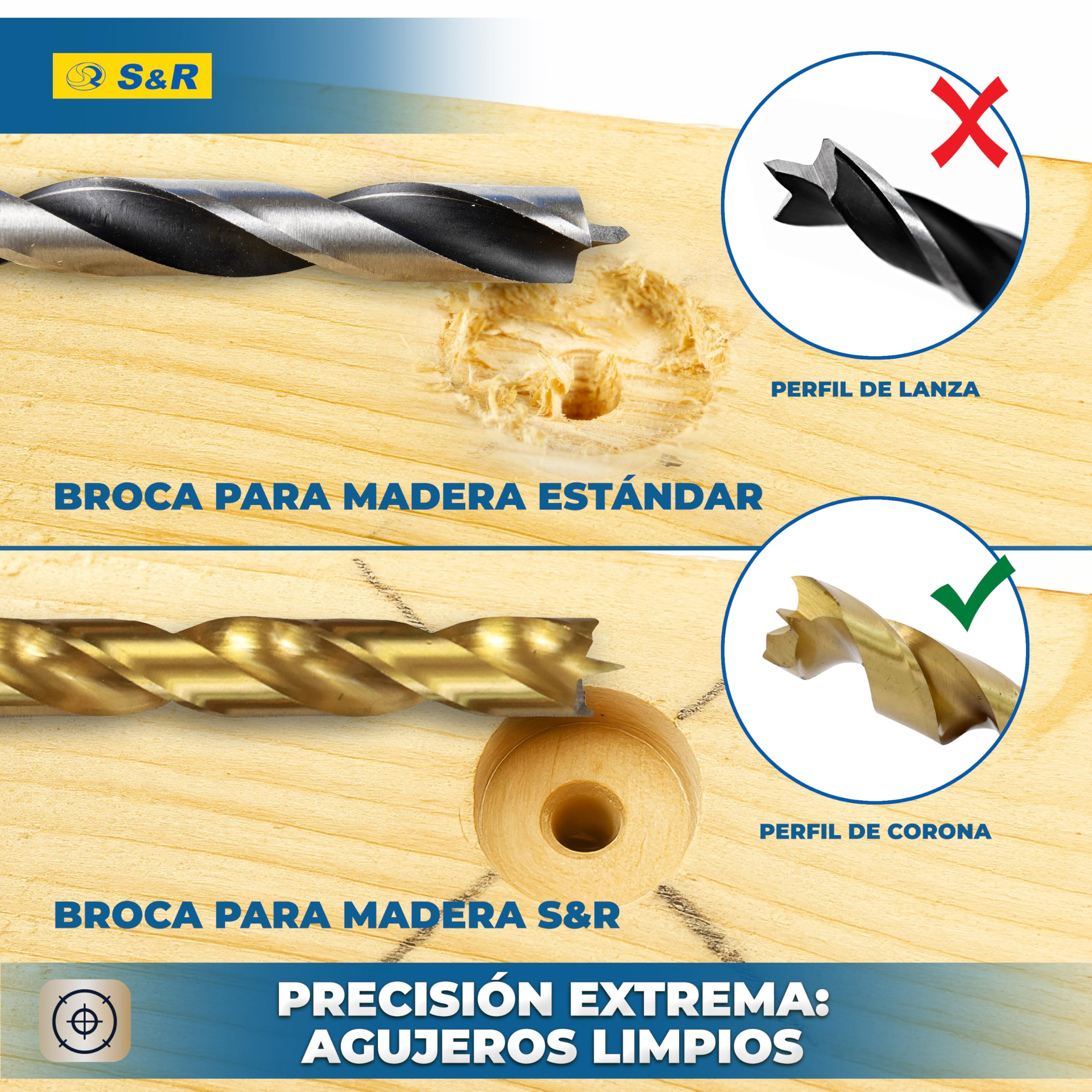 S&R Brocas para Madera Professionales 25 piezas 1-13 mm en acero HSS | 4241titanio - Brocas para taladro manual y de columna
