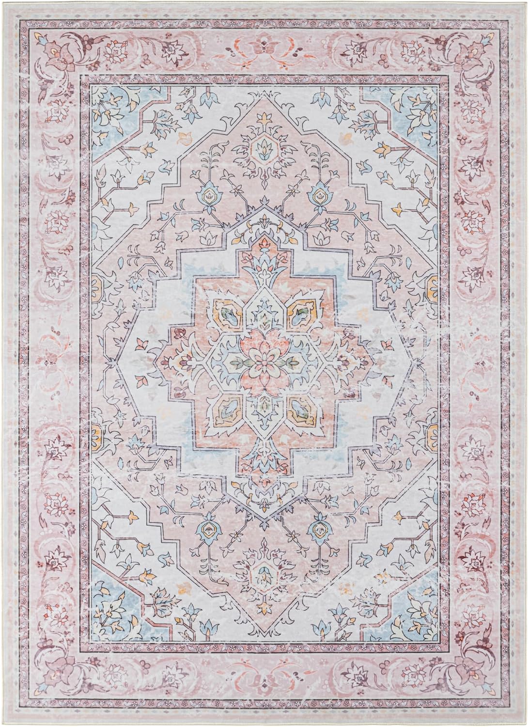 5x7 Area Rug Pink - Soft Floral Living Room Rug, Non-Slip Oriental Washable Area Rug, Indoor Vintage Boho Rug for Nursery, Dining Room, Bedroom, Home Decor - Pink/Multi