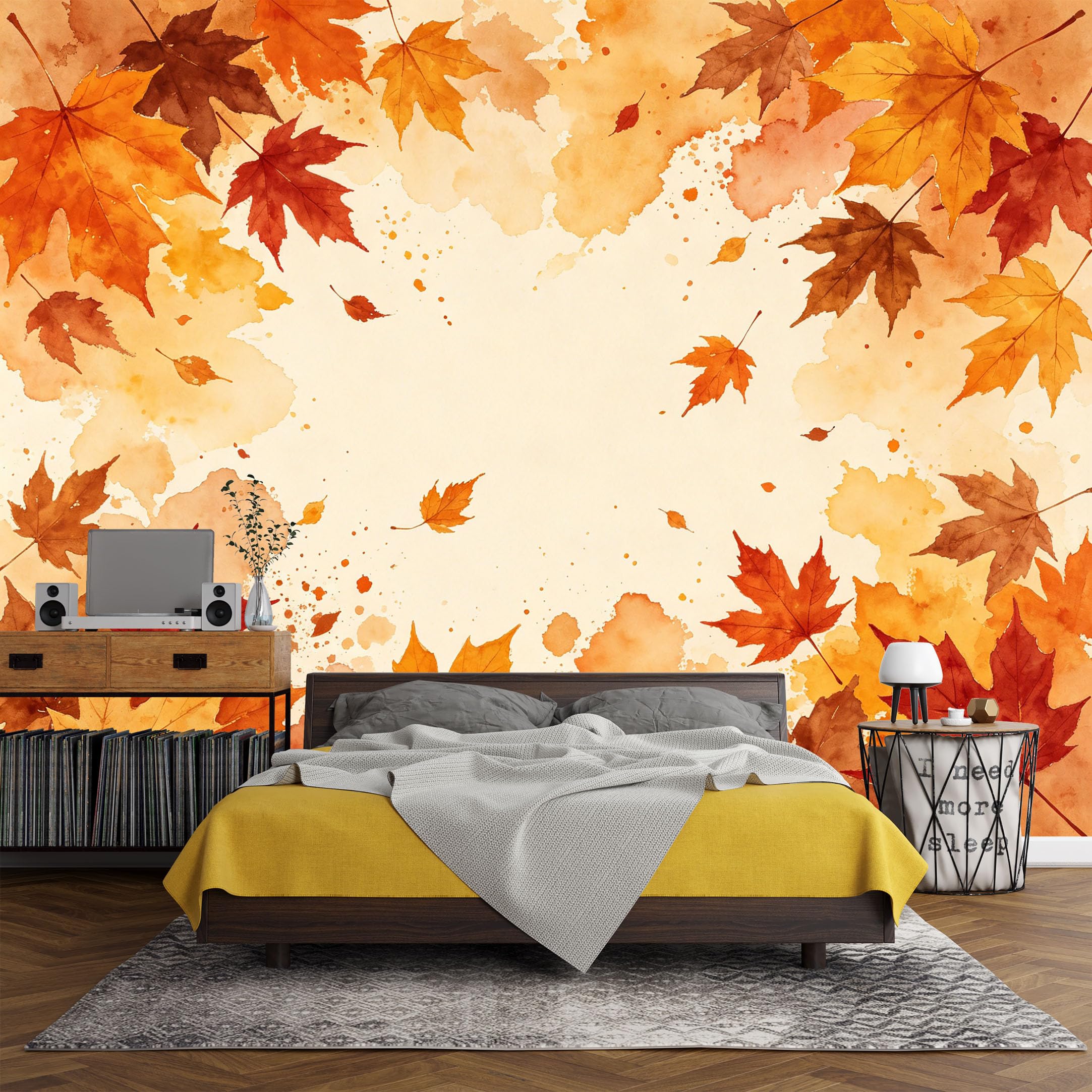 Custom Size Wall Mural， Botanical Autumn Maple Leaves Watercolor Fall Foliage Art，SelfAdhesive Art Prints wall Fabric (No PVC) Removable Wallpaper Living Room Decor