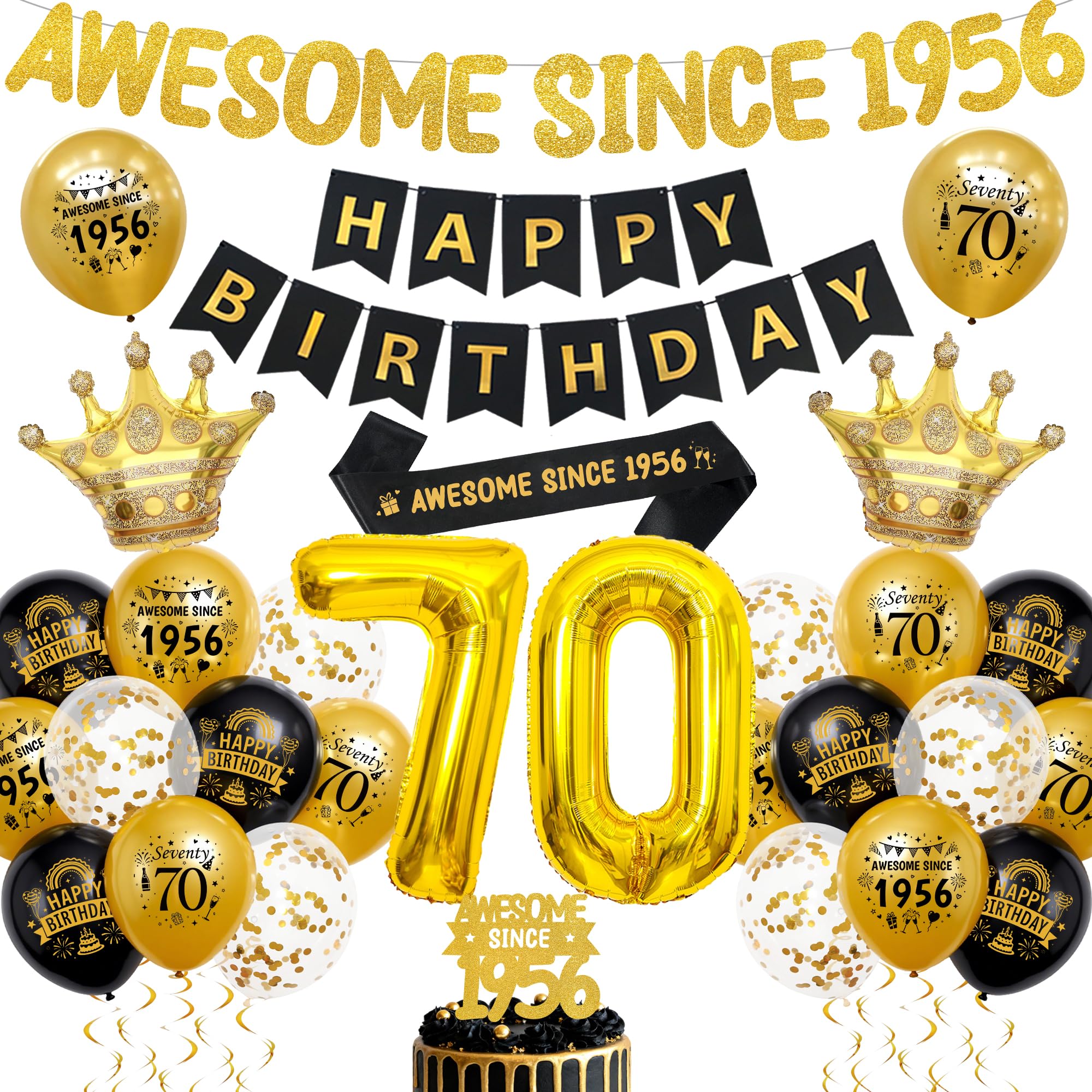 70th Birthday Decorations Black Gold - Awesome Since 1956 Banner Set with Cake Topper and Sash, Happy Birthday Banners, Number Foil Balloons, Latex Balloons for 70 Years Old Party Supplies