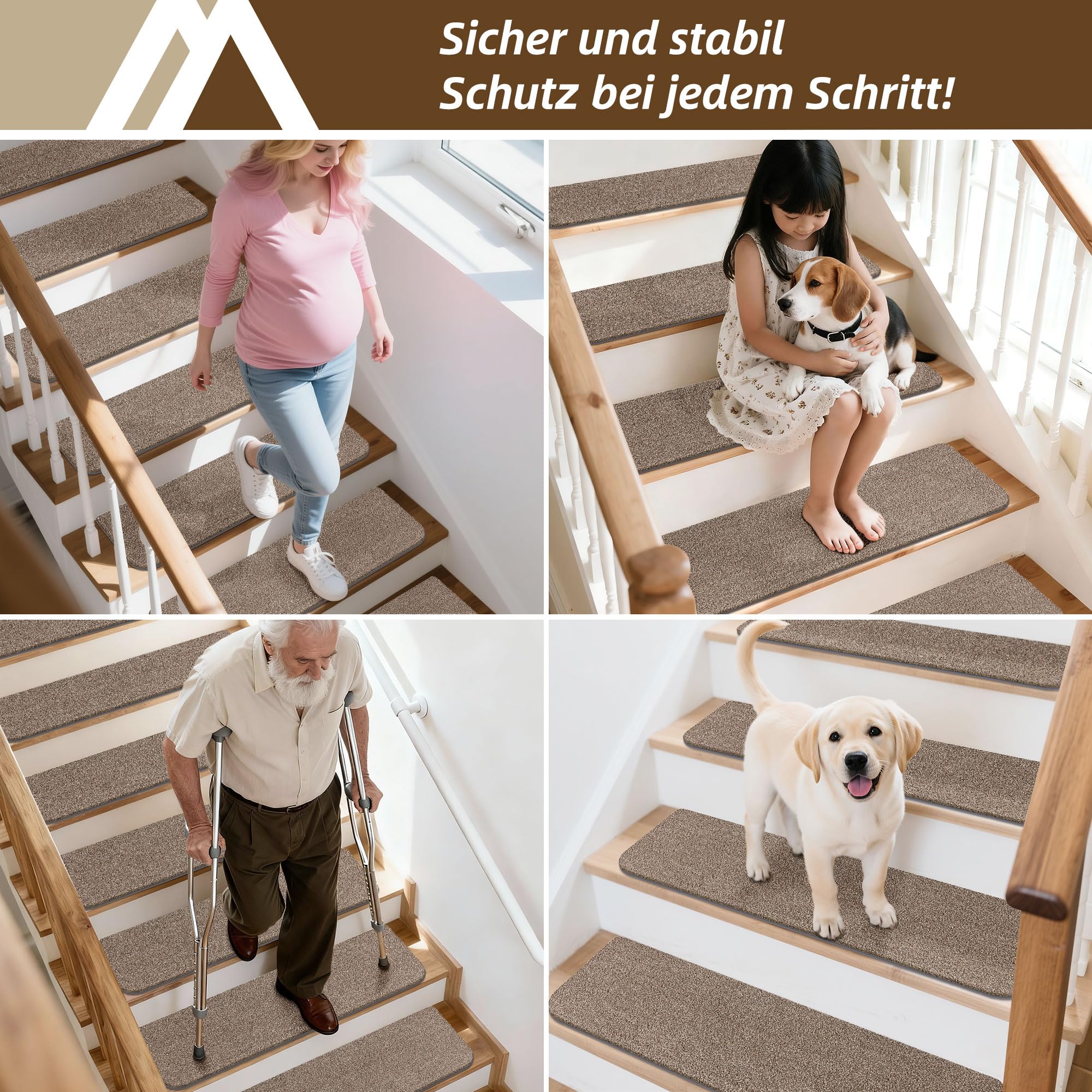 COSY HOMEER 15 Stück Stufenmatten Selbstklebend 70x22cm, Beige | Frei zuschneidbar, TPE-Rücken, rutschfest, waschbar, 100% Polyester, Sicherheit für Kinder, Senioren und Haustiere