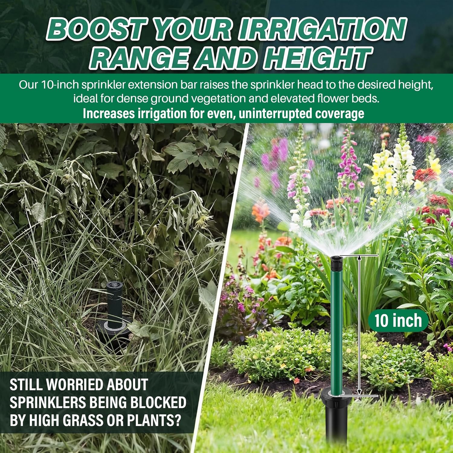 10" Popup Riser Extension Compatible with Rain Bird 1800& Hunter Pro-Spray Sprinklers, Sprinkler Head Riser Extender with RotorTool, Garden Lawn Irrigation Spray Head, 7 Set(Green)