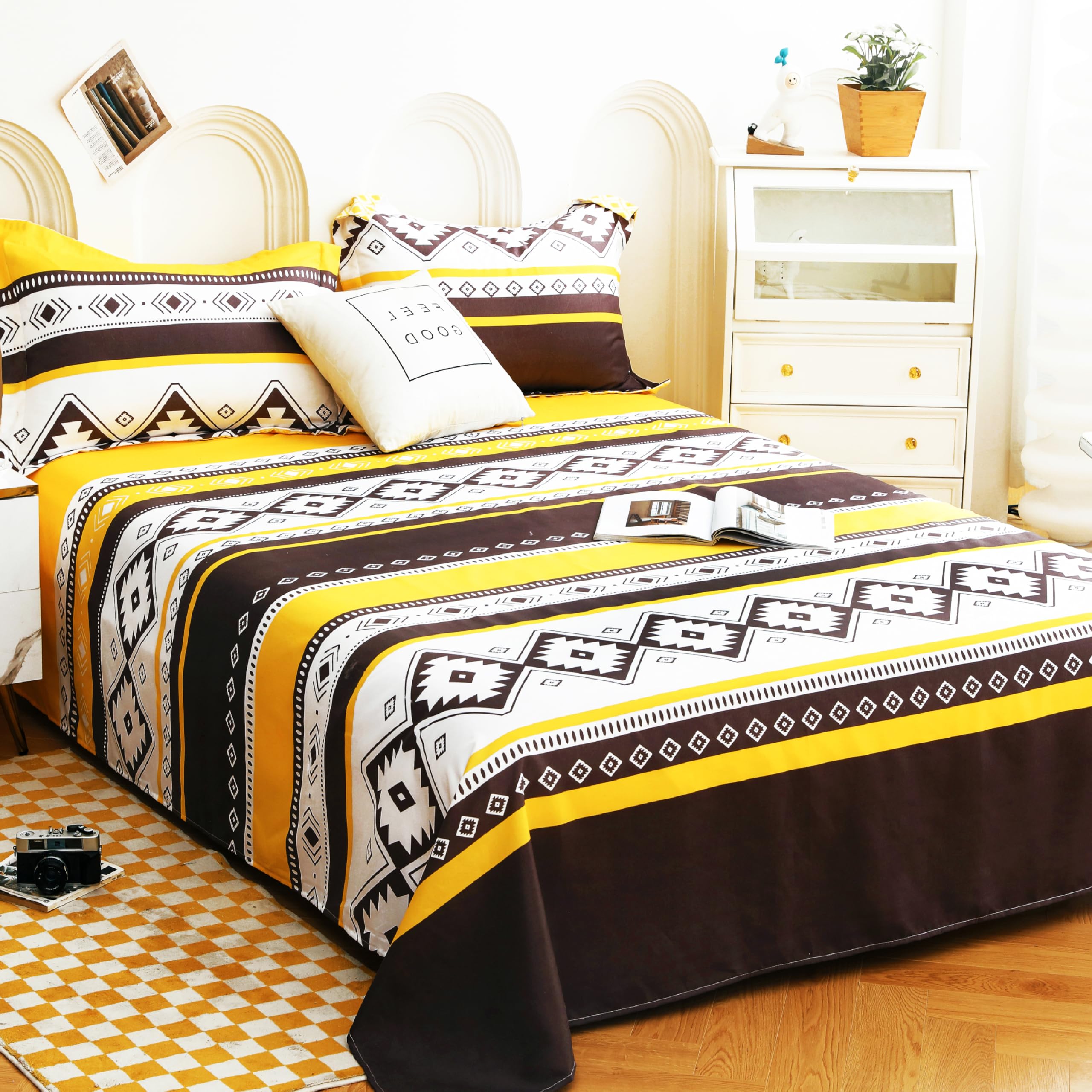 Story@Home bedsheet for Double Bed Queen Size 240TC Satin Finish, Microfiber Double Bed bedsheet, 225X250cm with 2 Pillow Covers, Black & Yellow Aztec Design | Perfect for Home Decor