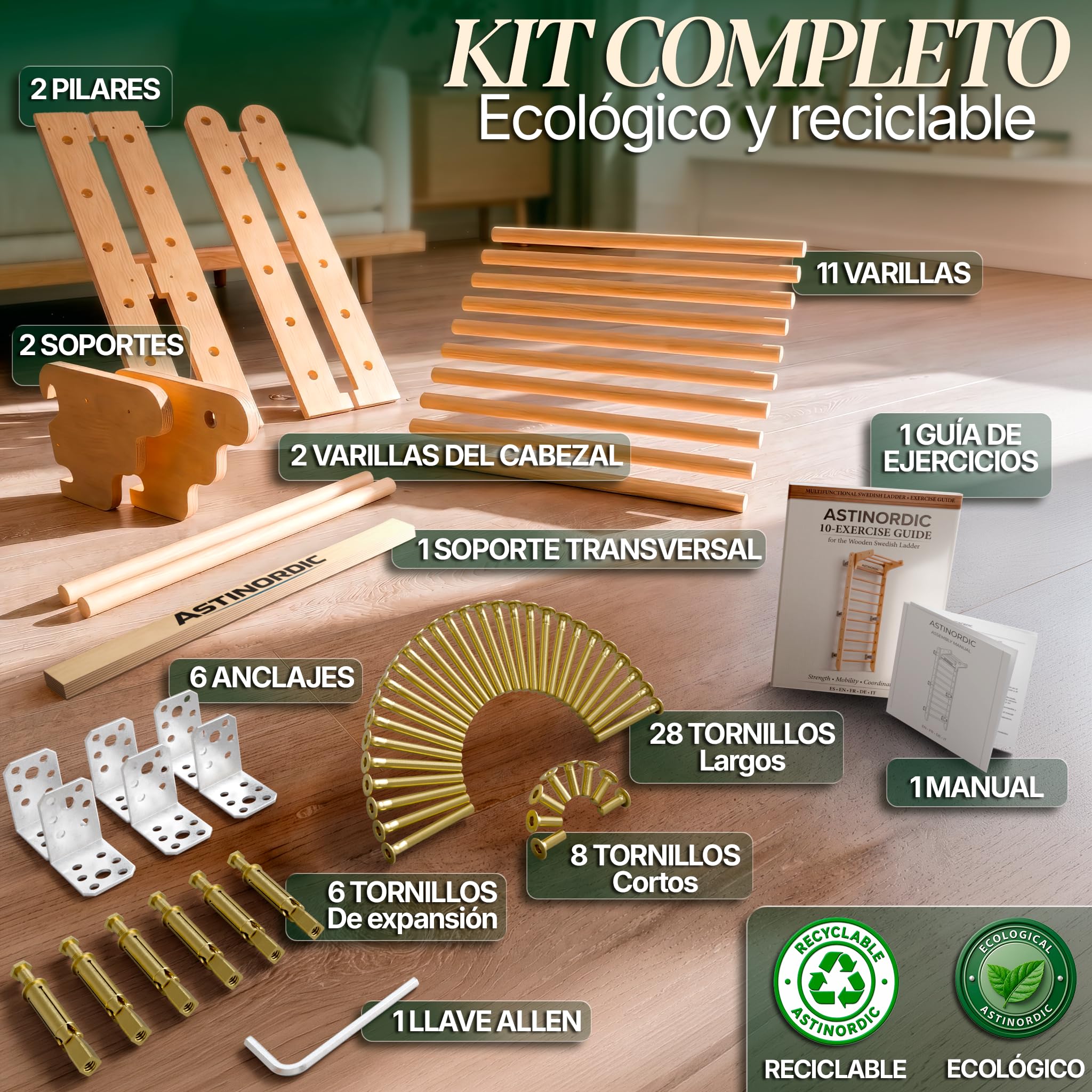 Espaldera Gimnasio Casa con Barra de Dominadas | Escalera Sueca Madera | Soporta hasta 150 kg | Montaje Fácil, Todo Incluido