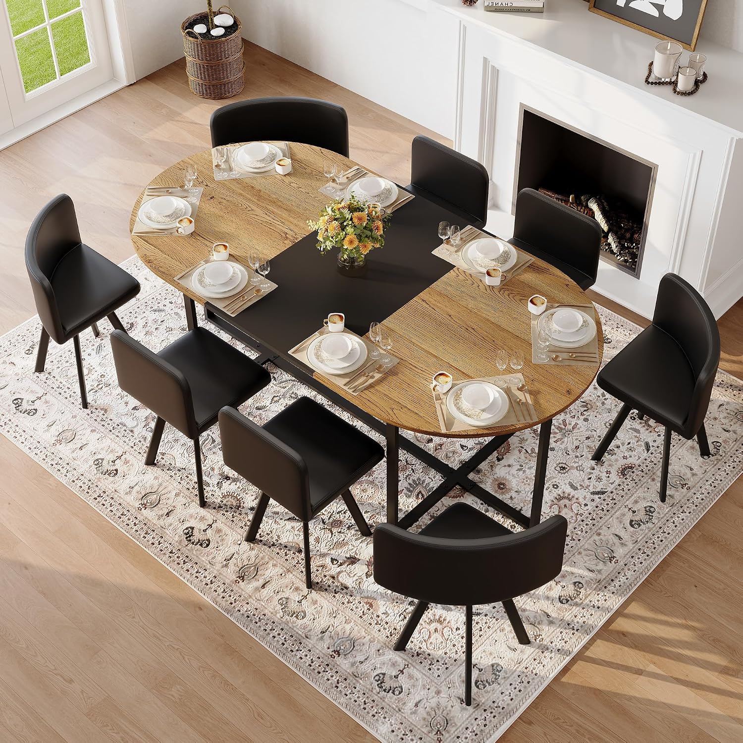 KEIKI 9-Piece Dining Table Set for 8, 78.7" Large Extendable Kitchen Table Set with 8 PU Leather Chairs, Modern Oval Wooden Table with Faux Marble Tabletop for Gatherings, Dining Room, White & Black
