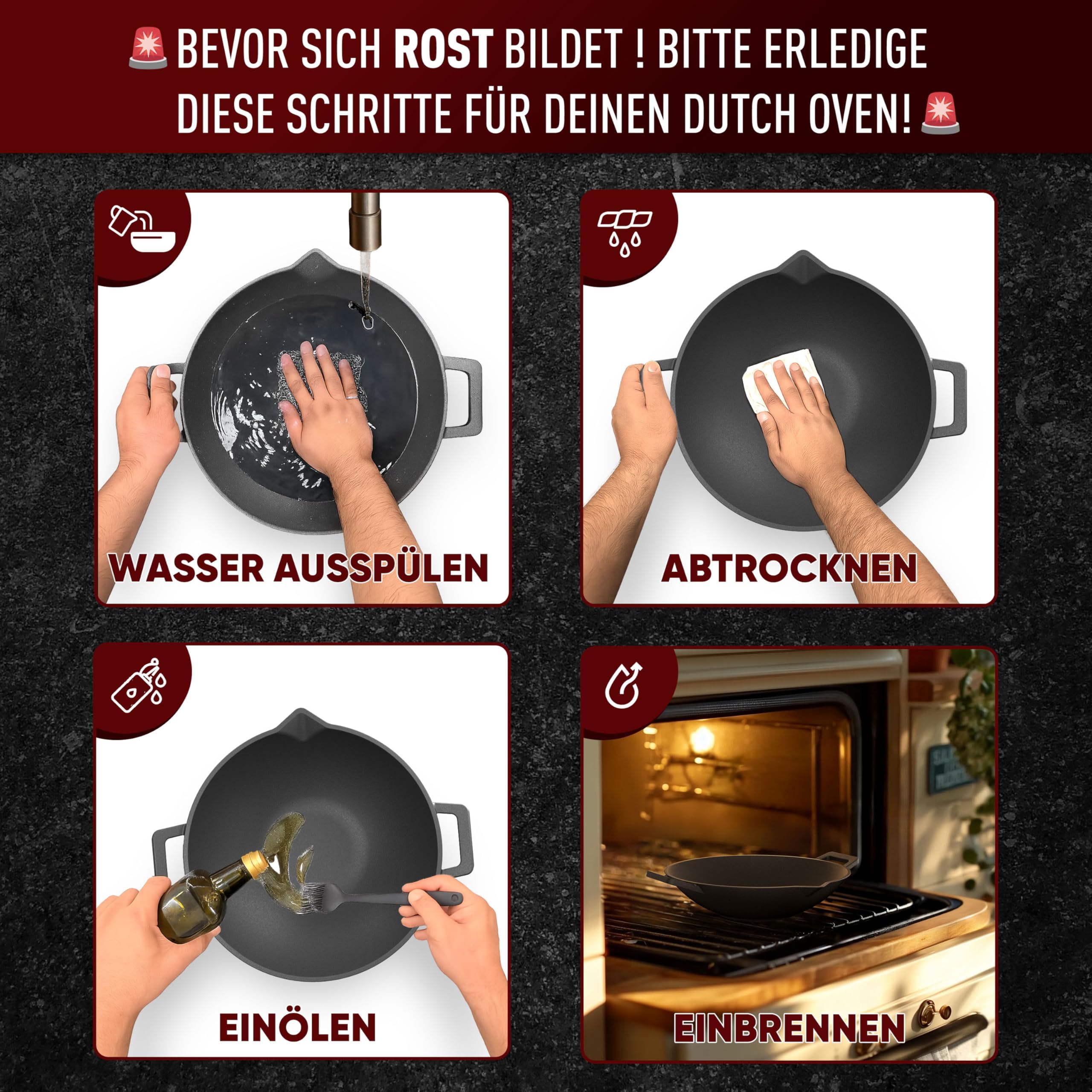 GUSSKÖNIG Gusseisen Wok Pfanne - 35 cm robuste Wokpfanne für Gasgrill, Herd, Ofen und Lagerfeuer- Gusseisen Wokpfanne inkl. Pflegepaste, Ringreiniger, Grillhandschuhe & Rezeptbuch - 30 Jahre Garantie
