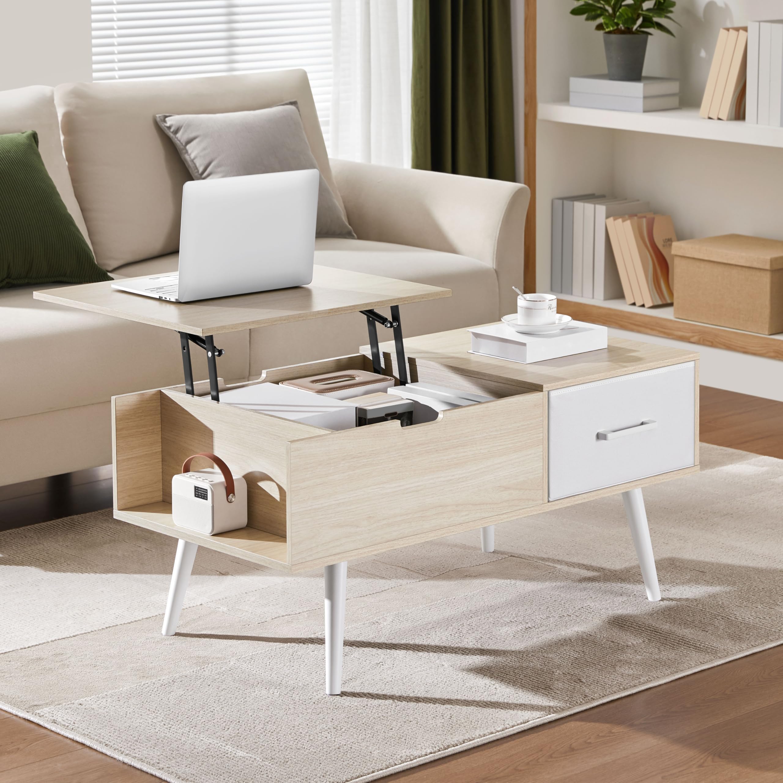 Yaheetech Mesa de Centro Elevable 100x50x45-59cm con Almacenamiento | Lateral y Oculto,Equipada de 1 Cajón y Patas de Madera para Salón y Cocina