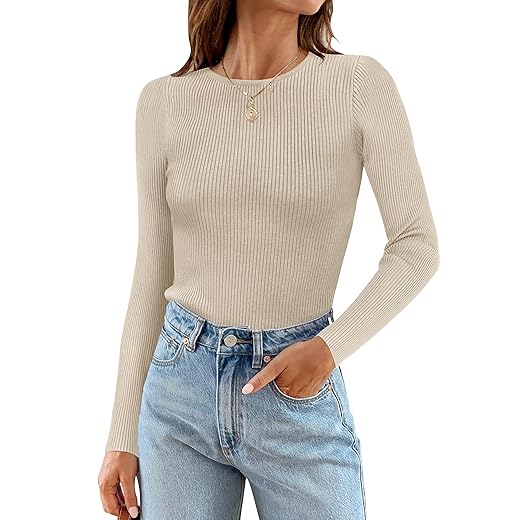 ZESICA Women's Long Sleeve Crewneck Shirts 2023 Fall Clothes Ribbed Knit Sweaters Slim Fitted Casual Basic Tee Tops,Almond,Small