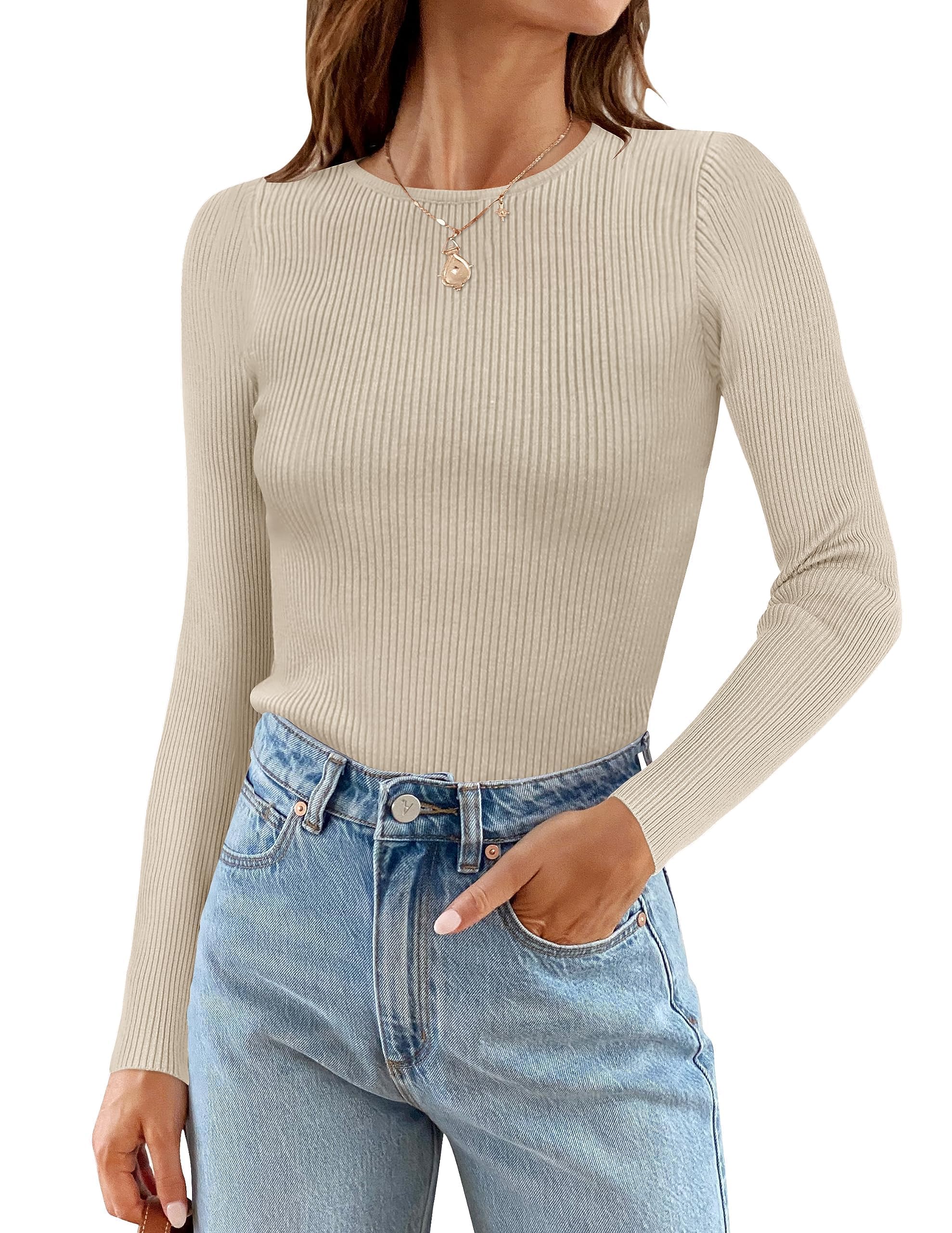 Women's Long Sleeve Crewneck Tops 2024 Spring Fall Clothes Ribbed Knit Sweater Slim Fitted Casual Basic Tee Shirts