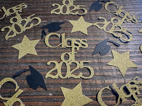 Miniatura 3 de Gold Class of 2025 Graduation Party Confetti with Graduation Caps and Gold Stars