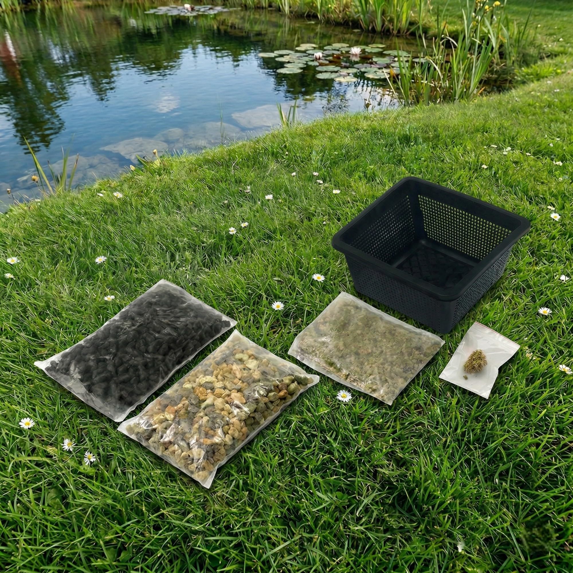 vdvelde․com - Aqua Set Kit de Plantación para Estanque, Pack de 3, sin Plantas, con Cesta, Sustrato, Tierra de Estanque, Abono y Grava, Accesorios 19x19x10 cm