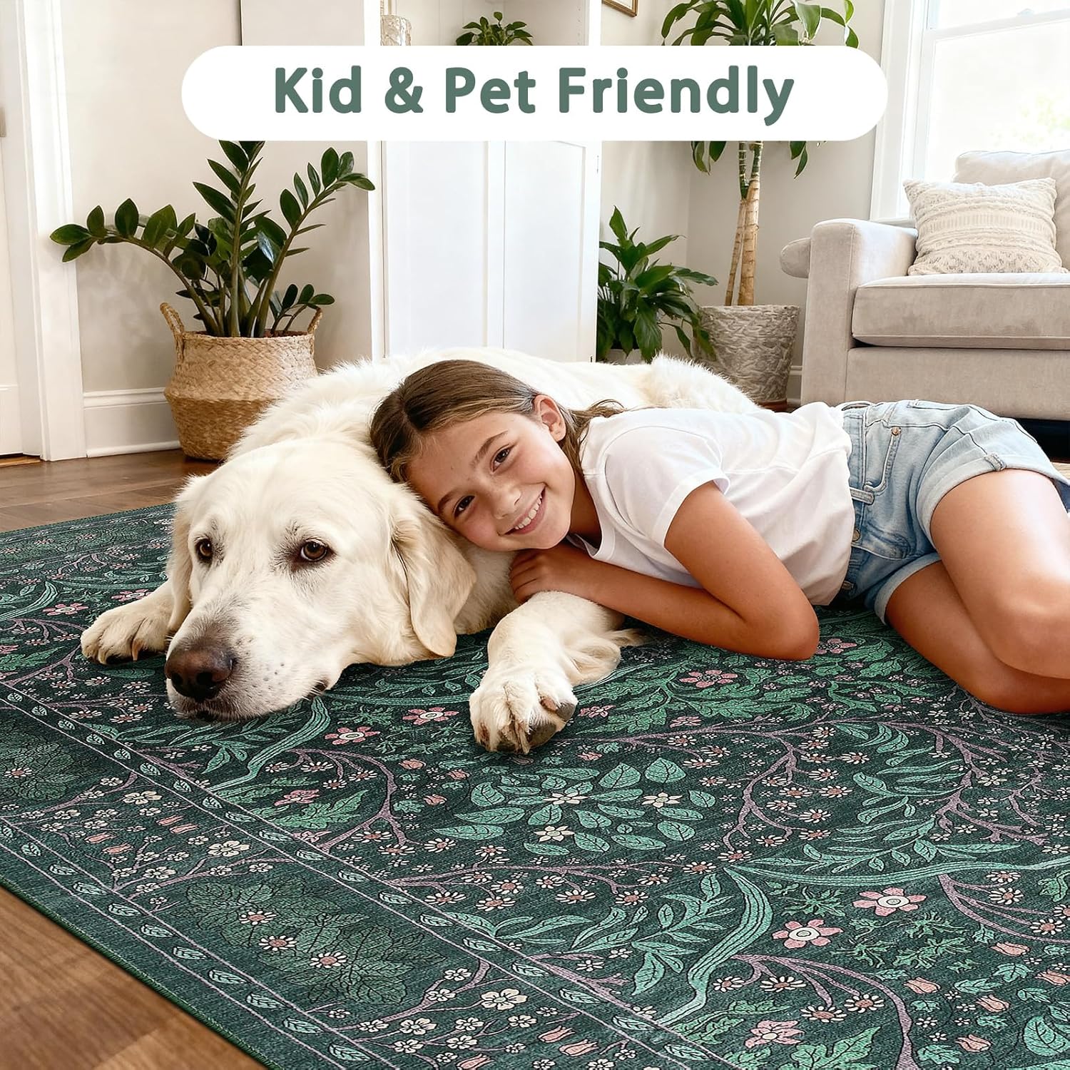 Boho 8x10 Area Rug for Living Room，Floral Washable Rug for Dining Room Entryway Farmhouse Nursery Home Office，Low Pile Stain & Slip Resistant Vintage Large Carpet for Bedroom-Dark Green