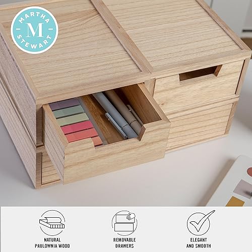 Miniatura 4 de Martha Stewart Weston Cajas de almacenamiento apilables de madera con cajones extraíbles, organizadores de almacenamiento de madera de Paulownia,