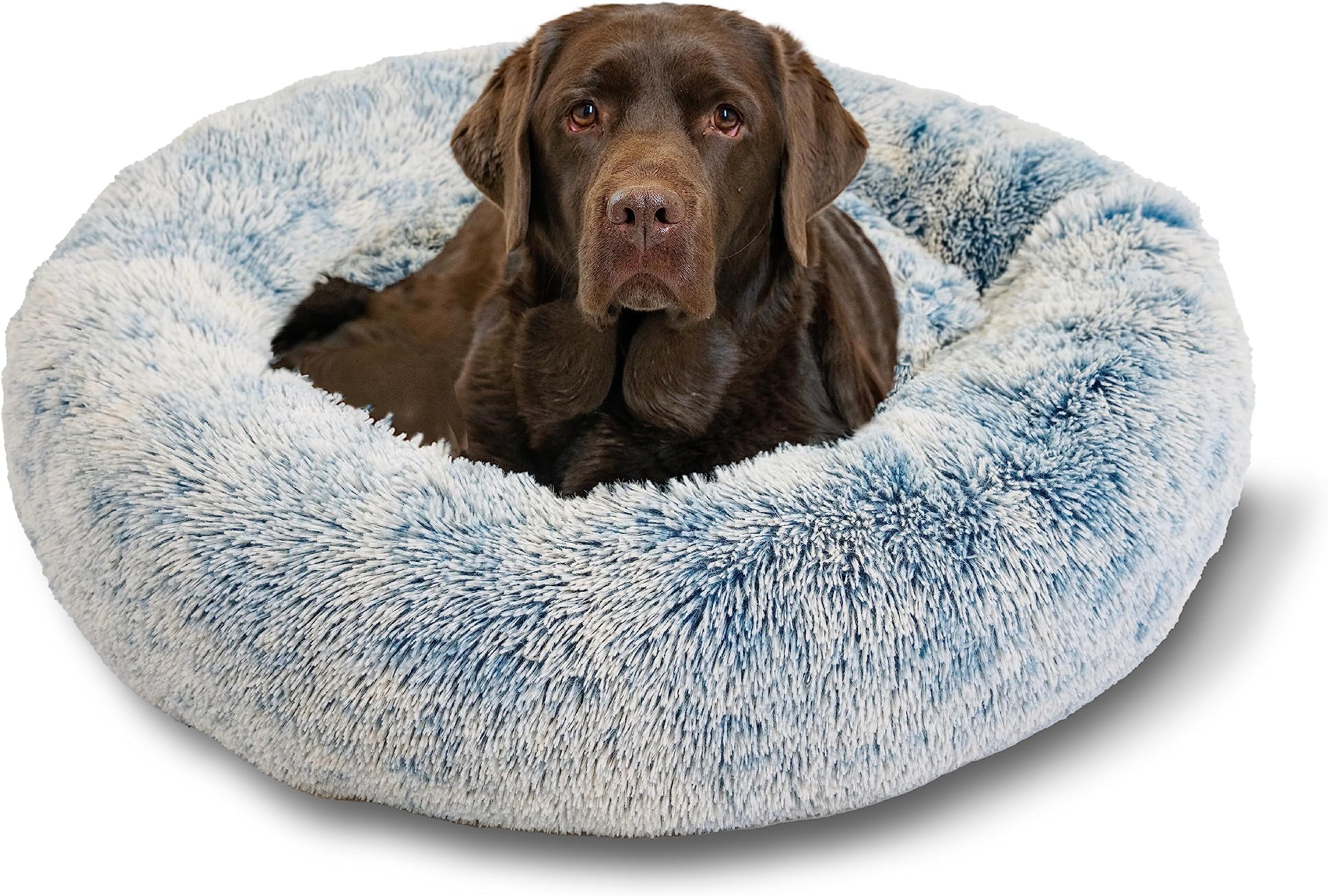 Best Friends by Sheri Original Calming Donut Dog and Cat Bed, Shag Faux Fur, Denim Blue, (36in x 36in) - Anxiety Relief for Pets Up to 100 lbs