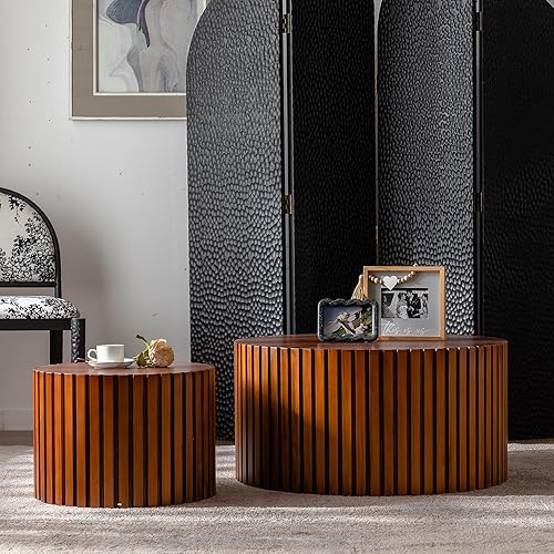 Miniatura 44 de WILLIAMSPACE Juego de 2 mesas auxiliares anidadas, redondas de madera negra para espacios pequeños, sala de estar, dormitorio, mesa auxiliar 18.9"