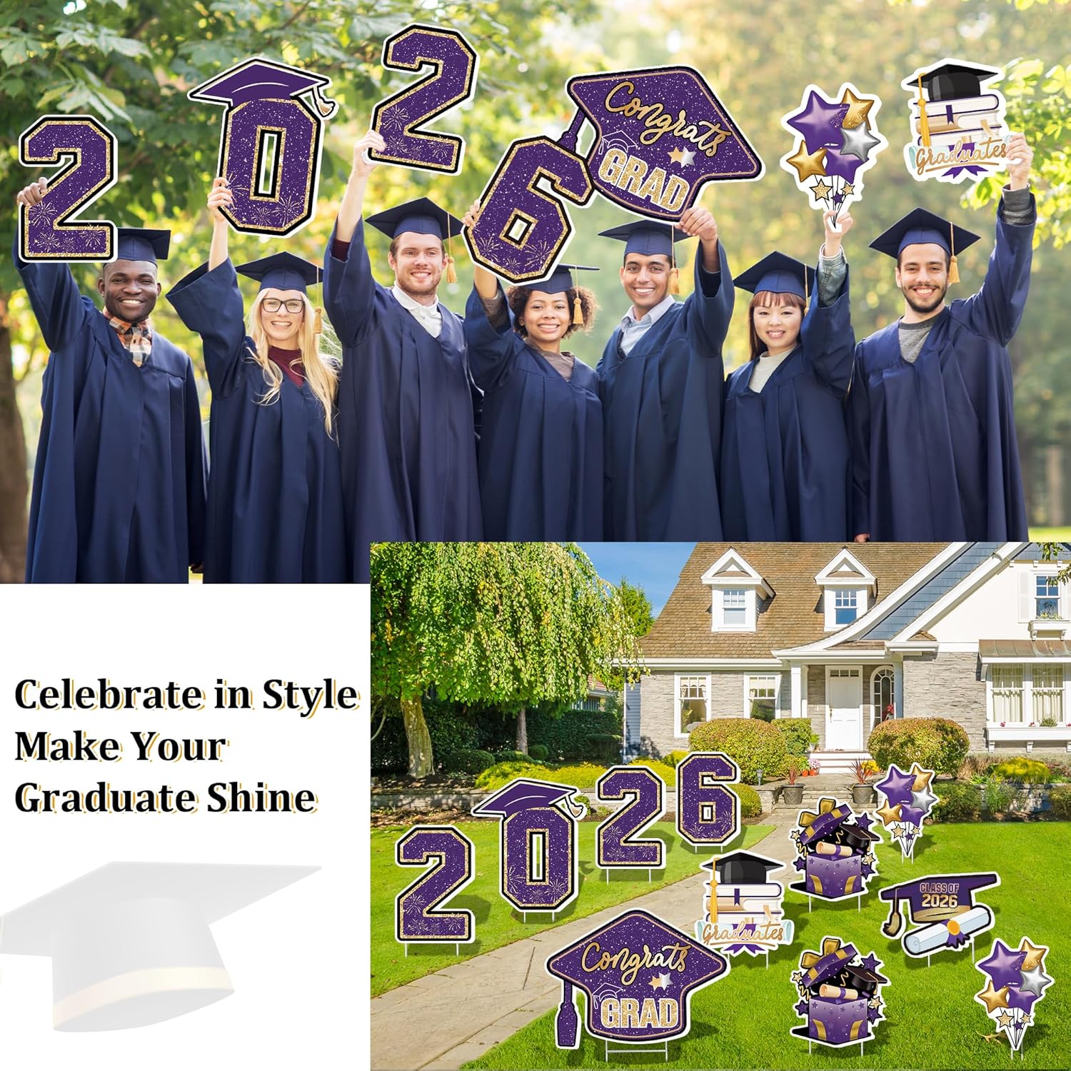 Large 11 PCS Graduation Yard Signs, Class of 2026 Congrats Grad Outdoor Lawn Yard Sign with Stakes, Graduate Yard Decorations for College High School Party, Purple and Gold