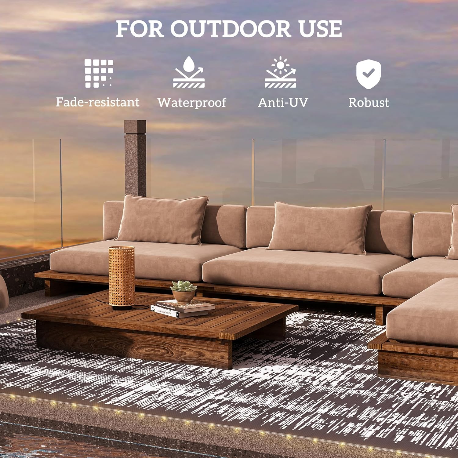 Outsunny Reversible Outdoor Rug Carpet with LED Lights, 10' x 8' PP Straw Rug, Portable RV Floor Mat with Carry Bag & Ground Stakes for Backyard, Deck, Picnic, Beach