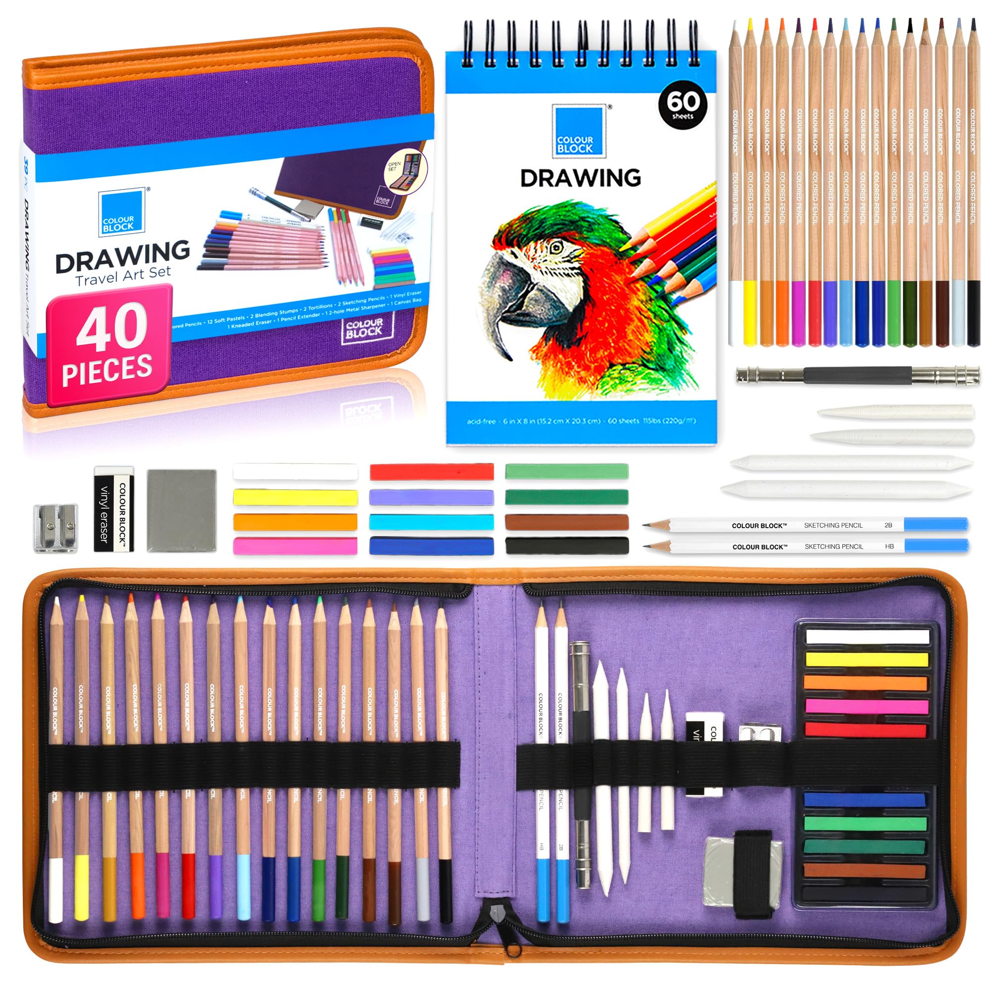 COLOUR BLOCK Drawing Travel Art Set - 60 sheets 6 x 8 Inches Drawing Pad,16 wood Colored Pencils, 12 Soft Pastels Set, 2 Sketching Pencils, and 8 Assorted Tools