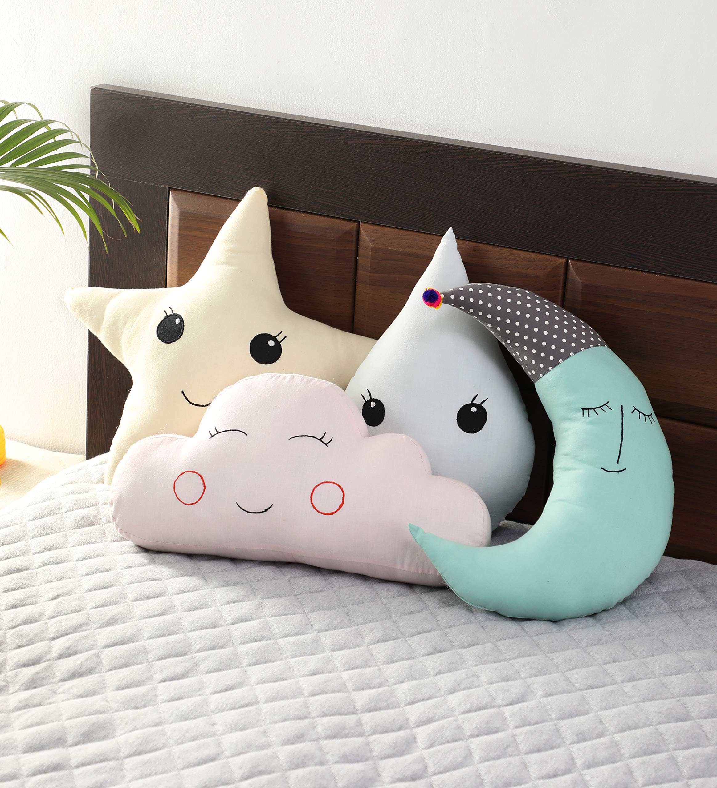 Oscar Home Soft Pillow Cute Cloud, Moon, Star & Water Drop, Shaped Soft Toys Cum Cushion Made with Organic Cotton Fabric Combo Pack of 4.