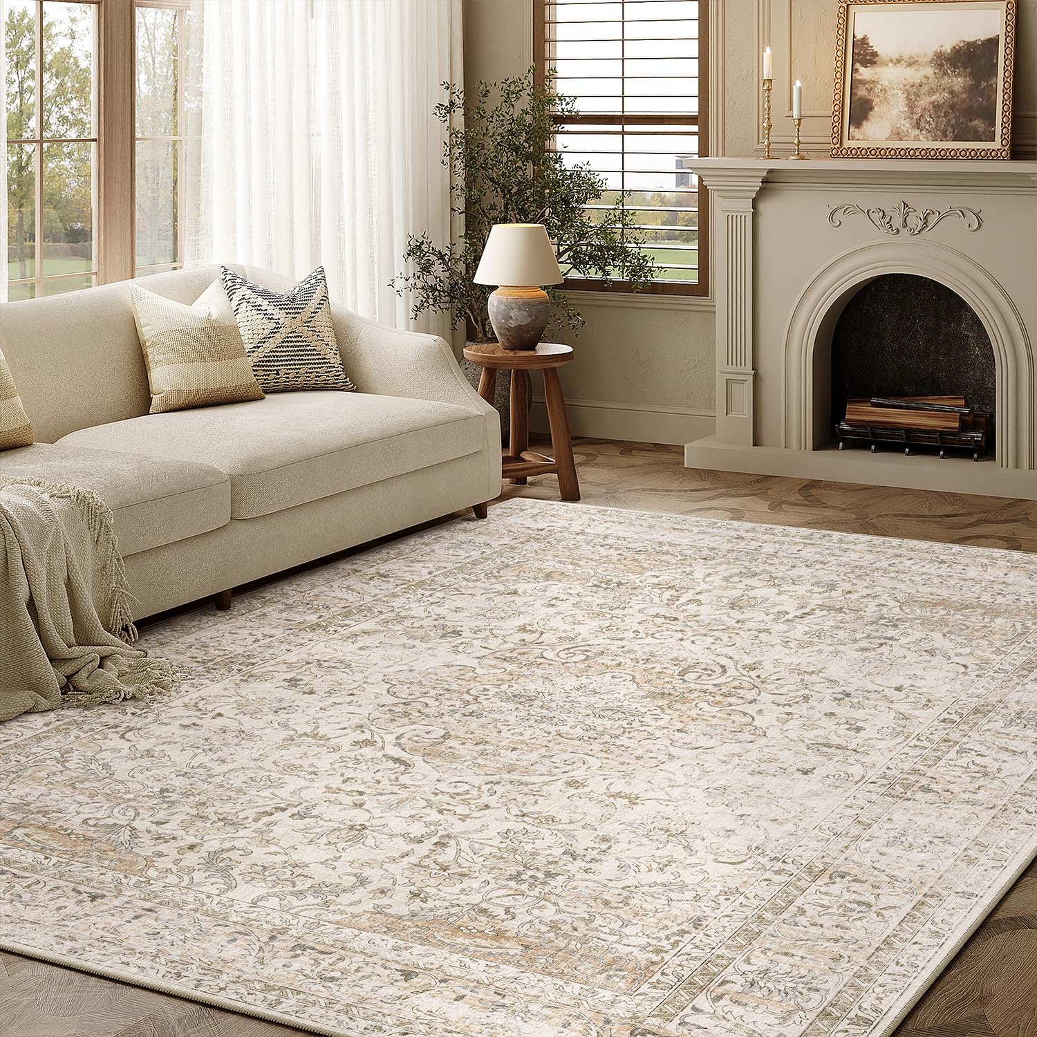 HUGEAR Washable Beige Vintage Rug Living Room 160 x 230 cm Retro Rugs for Living Room Soft Non-Slip Large Rug Short Pile Bedroom Carpet Living Room Bedroom Dining Room Rugs Office