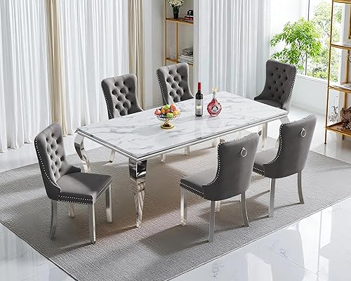 Miniatura 81 de Juego de mesa de comedor de mármol sintético, 7 piezas, juego de mesa de cocina y comedor para 6, mesa de comedor rectangular blanca de 70 pulgadas