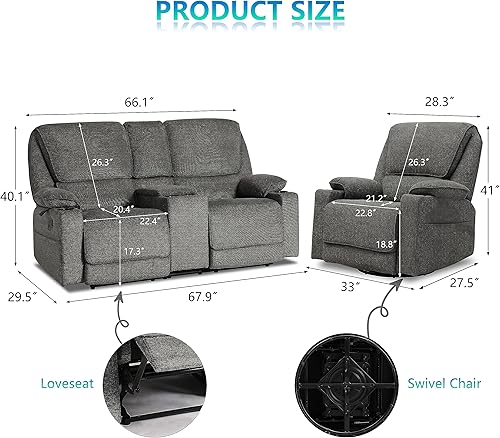 Miniatura 2 de KIGOTY Juego de sala de estar reclinable, sofá reclinable de 2 piezas, sofá biplaza reclinable y silla reclinable giratoria con tazas para sala de