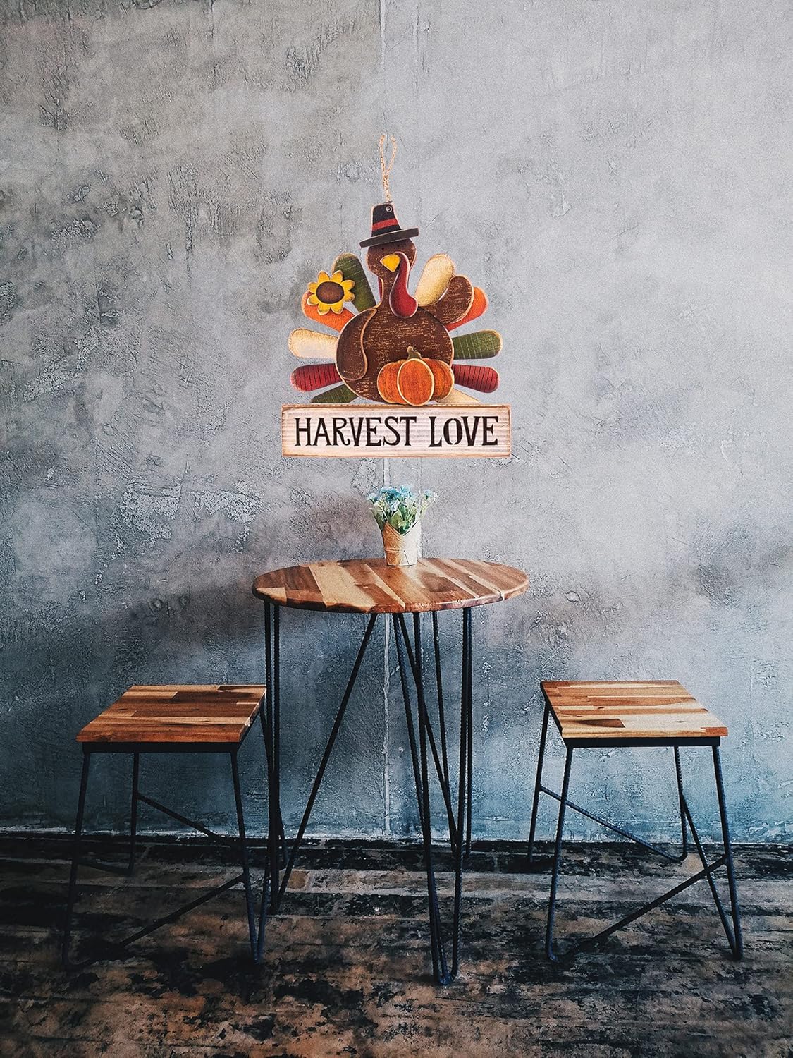 OSW Turkey Wood Wall Hanging with Jute Hanger Harvest Love for Thanksgiving, Decorative Sign for your Home Decorations, 11.25 Inches Tall, Orange, Brown, Green, White, Yellow, Black, 15 Inches Tall