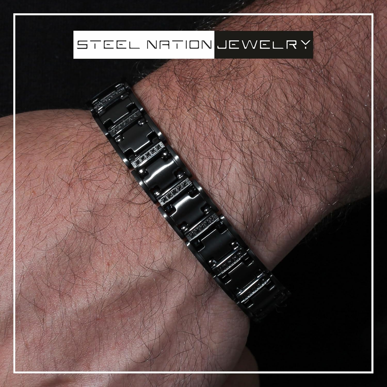 Men's 14MM Wide Black Stainless Steel Link with 0.50ctw Black Diamond Satin Finish 8.5" Bracelet