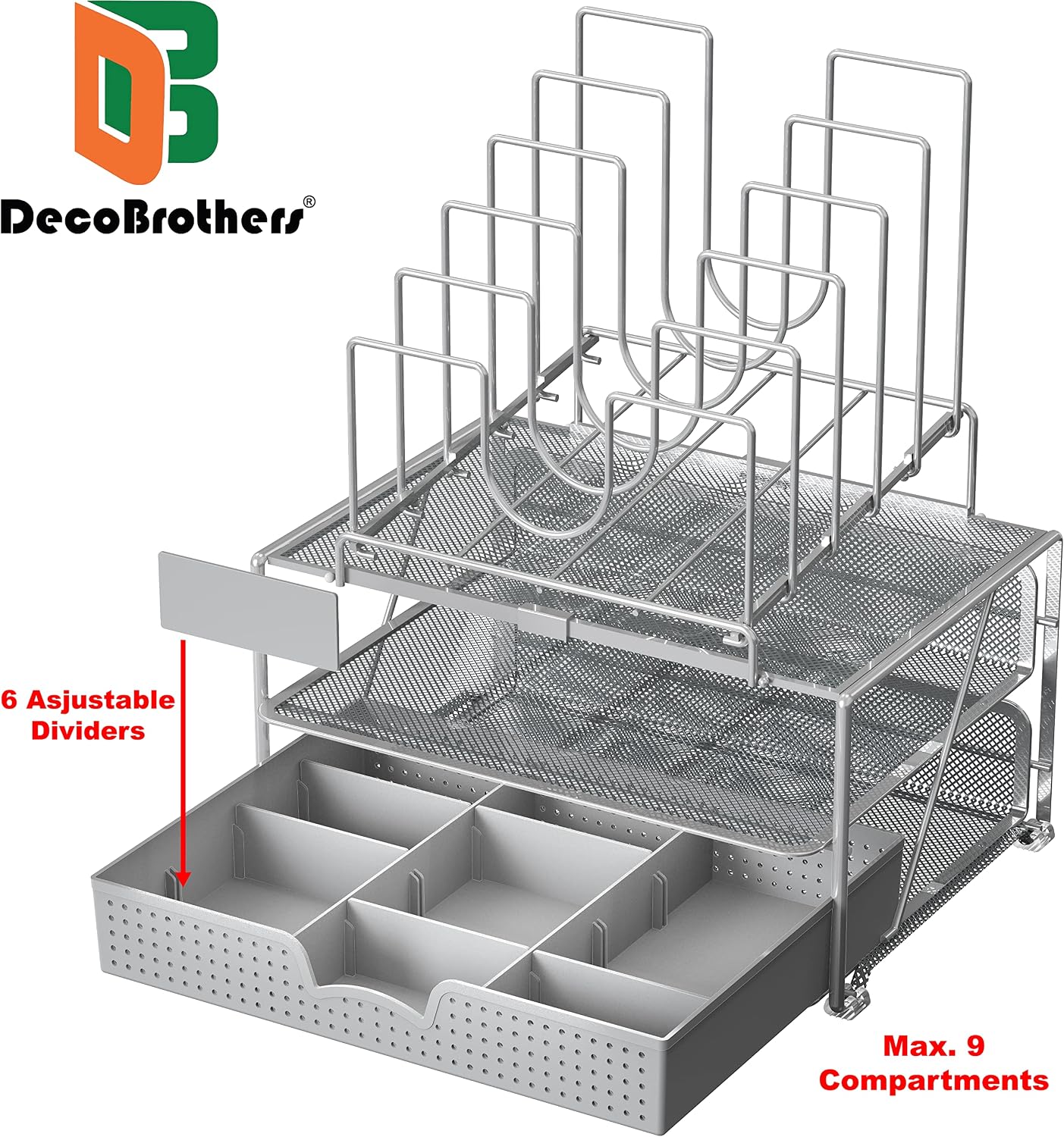 DecoBros Mesh Desk Organizer with Double Tray, 5 Stacking Sorter Sections and Sliding Drawer, Sliver