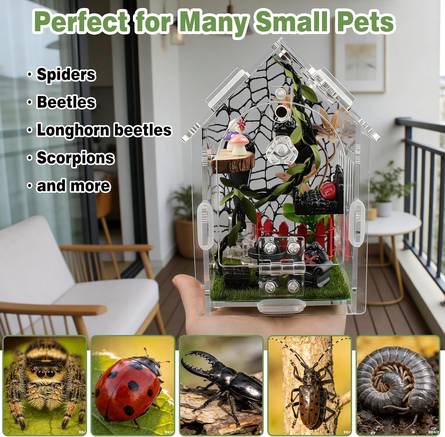 Jumping Spider Enclosure Kit, 22-Piece Acrylic Terrarium with Gothic Furniture & Magnetic Feeding Door, Clear 360 View Small Spider Habitat for Tarantula Mantis Beetle Scorpion