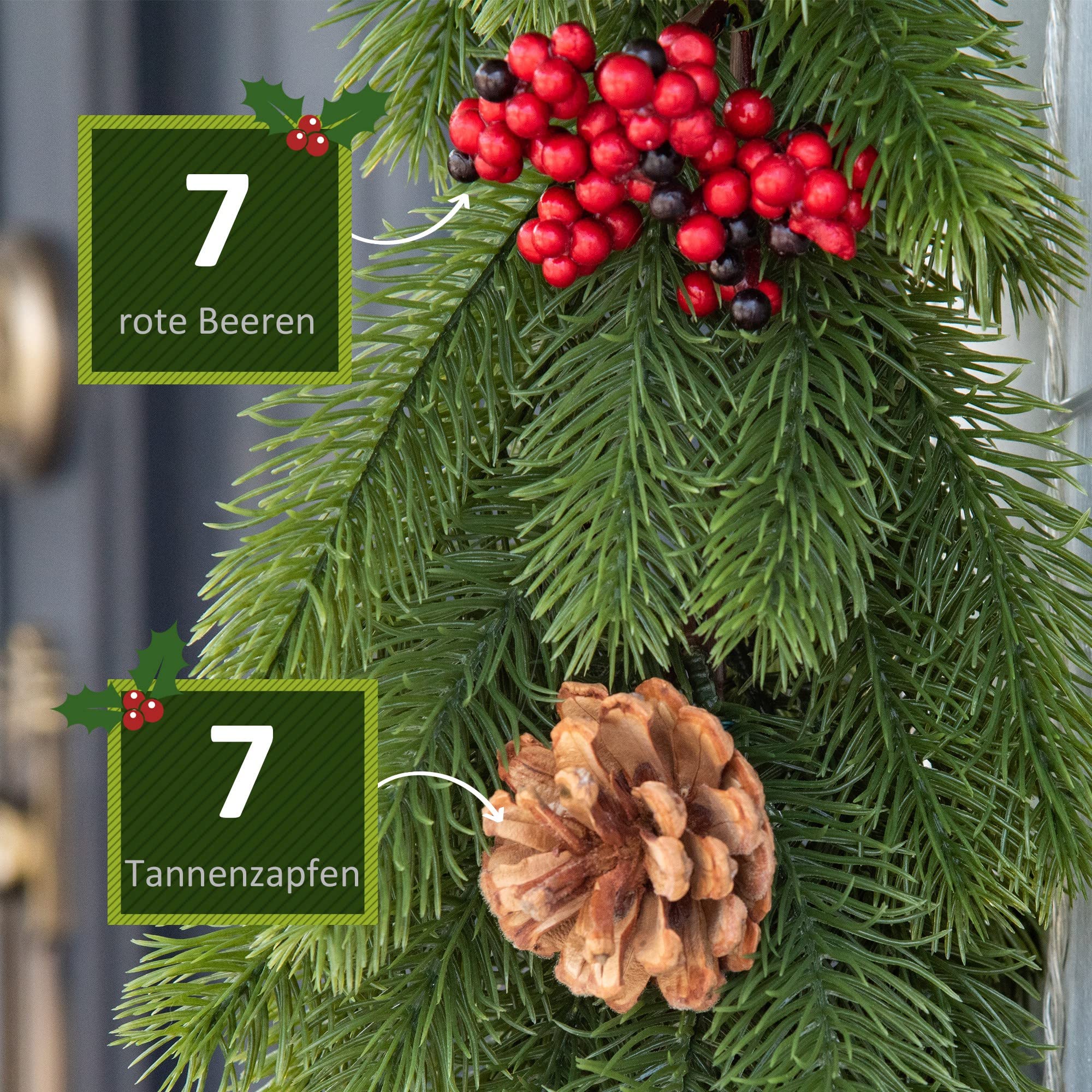 HOMCOM Weihnachtsgirlande 1,9m Tannengirlande mit Tannenzapfen Beeren Grün | Weihnachtsdeko, Künstliche Girlande, für Innen & Außen