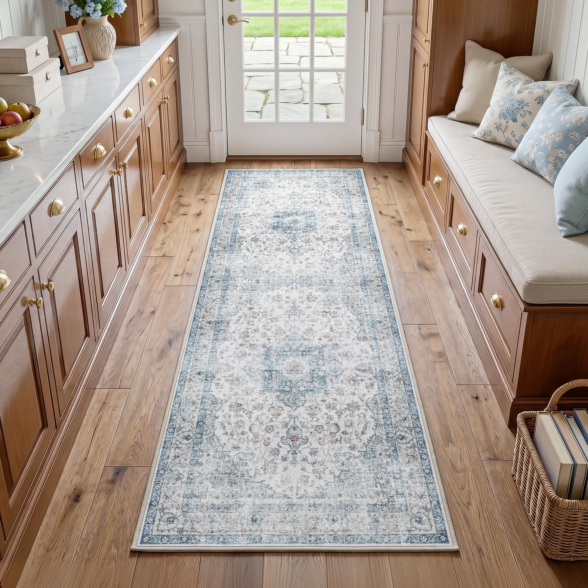 Beauoop Hallway Runner Rug Blue Neutral Washable 60x180 cm Non Slip Low Pile Vintage Traditional Indoor Carpet Soft Retro Entryway Thin Rug for Kitchen Living Room Bedroom Bathroom Laundry Entrance
