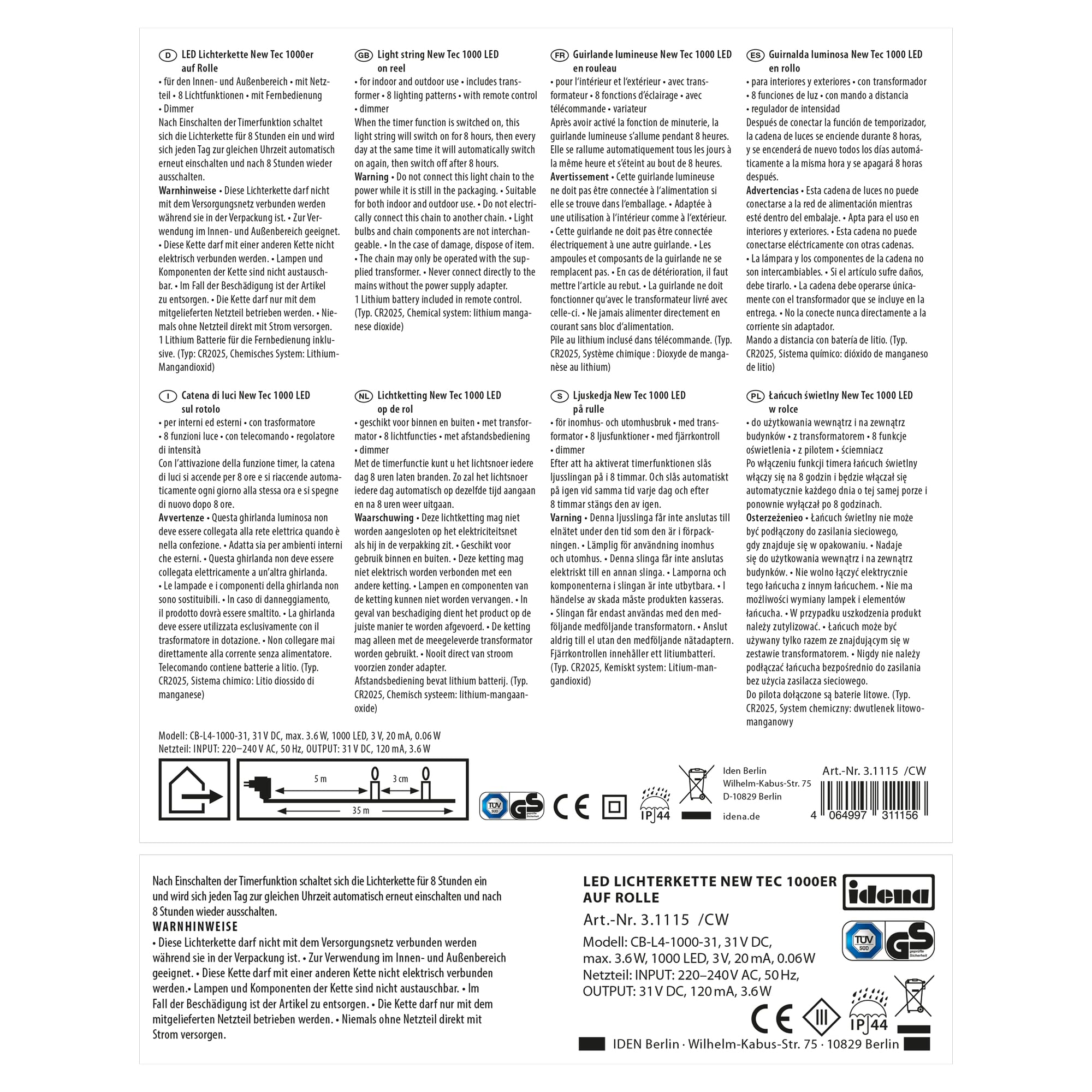 Idena 31115 - LED Lichterkette mit 1000 LEDs in Warmweiß, 8 Stunden Timer Funktion, Dimmer und Memory, mit Kabelaufroller, ca. 35 m lang, zum Basteln, als Party Deko, Weihnachtsdeko, zur Hochzeit