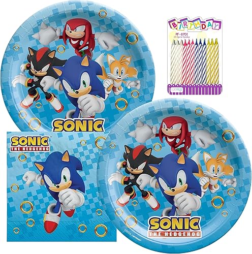 Sonic The Hedgehog - Paquete de suministros para fiestas que sirve platos de papel de 16 a 9 pulgadas y servilletas de almuerzo con velas de