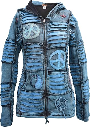 Gheri Ladies Goth Ribs Blue Slashed Razorcut Pixie Hood Cotton Hoodie