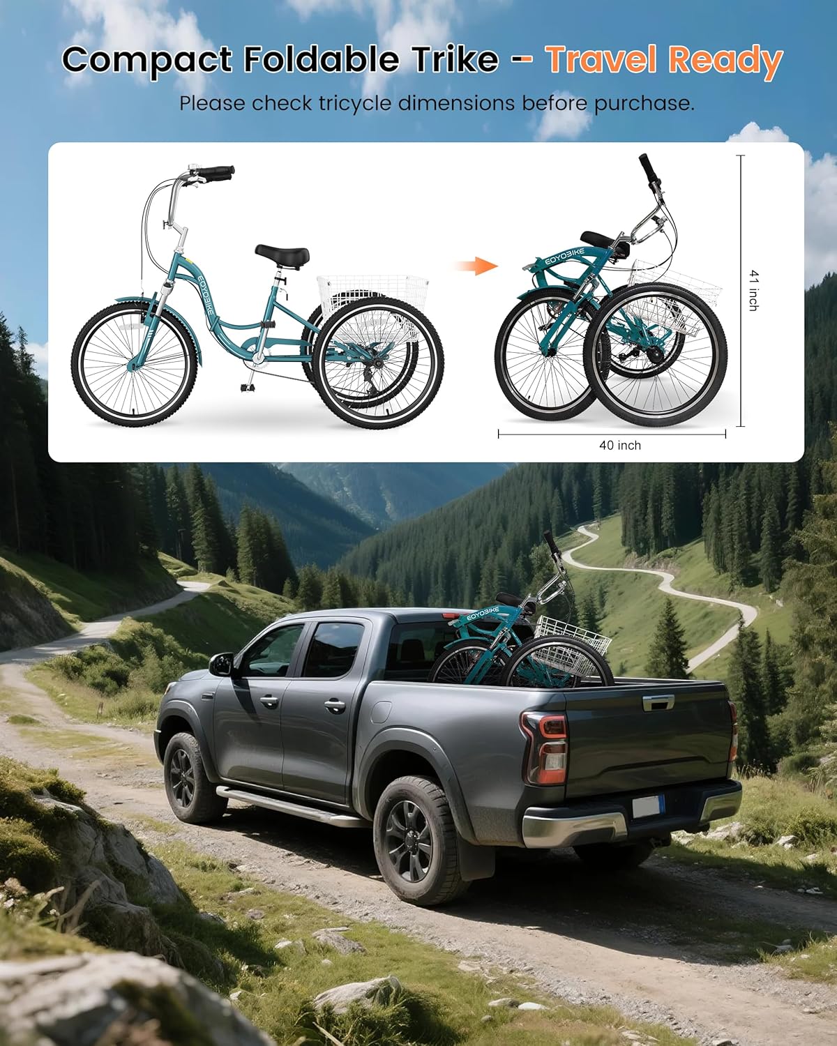 Slsy Adult Folding Tricycles, 7 Speed Folding Adult Trikes, 20 24 26 Inch 3 Wheel Bikes with Low Step-Through, Foldable Tricycle for Adults, Women, Men, Seniors