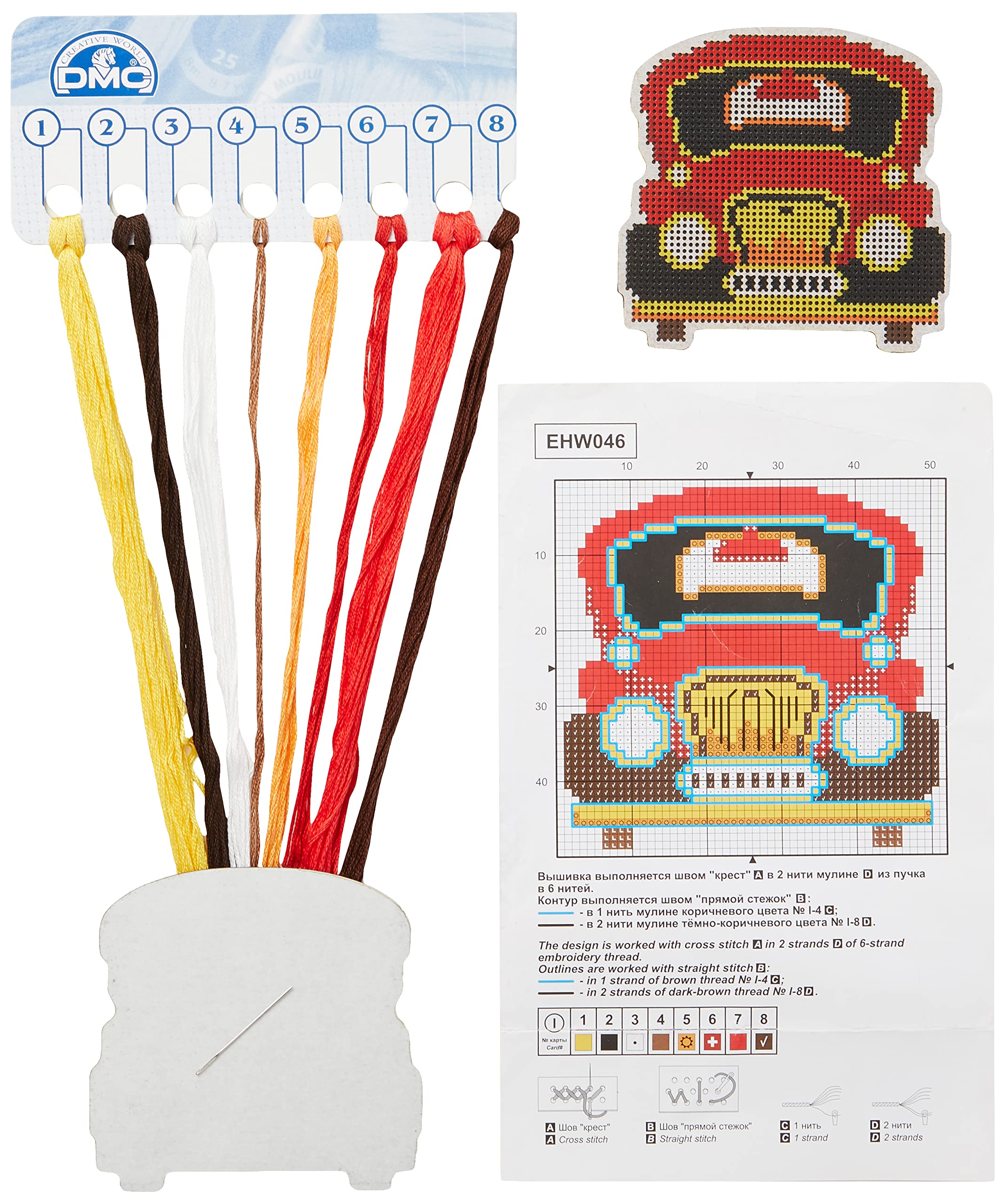Rto Multicoloured Ehw046 Auto Red Cross Stitch Kit On Wooden Board Cotton Multi-Coloured 8.8 X 8.5 Cm