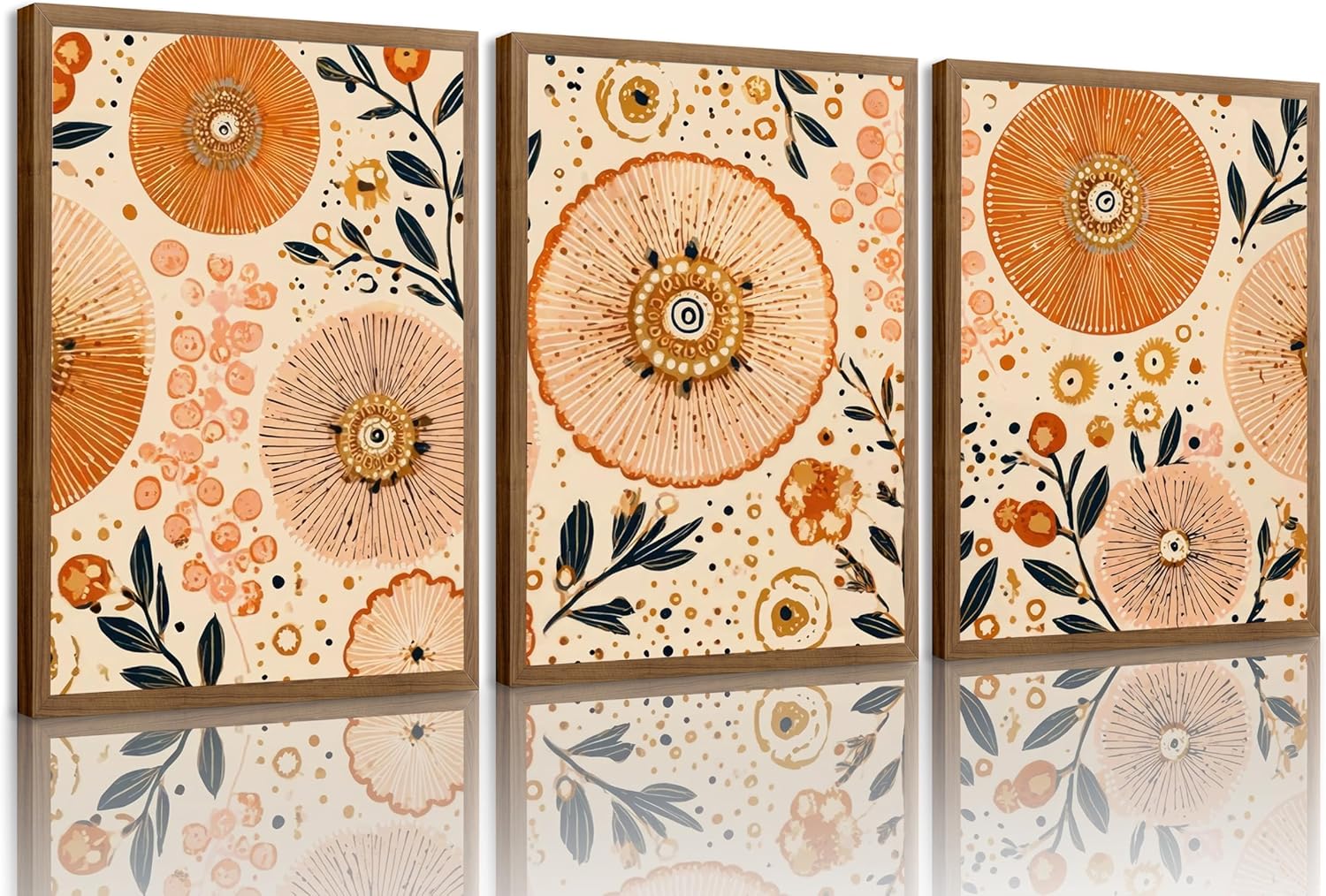 3Pcs Framed Boho Abstract Floral Wall Art Minimalist WildFlower Wall Decor Pictures Modern Botanical Warm Earthy Tones Canvas Posters Prints for Living Room Bedroom Office Home Decoration 16x24in