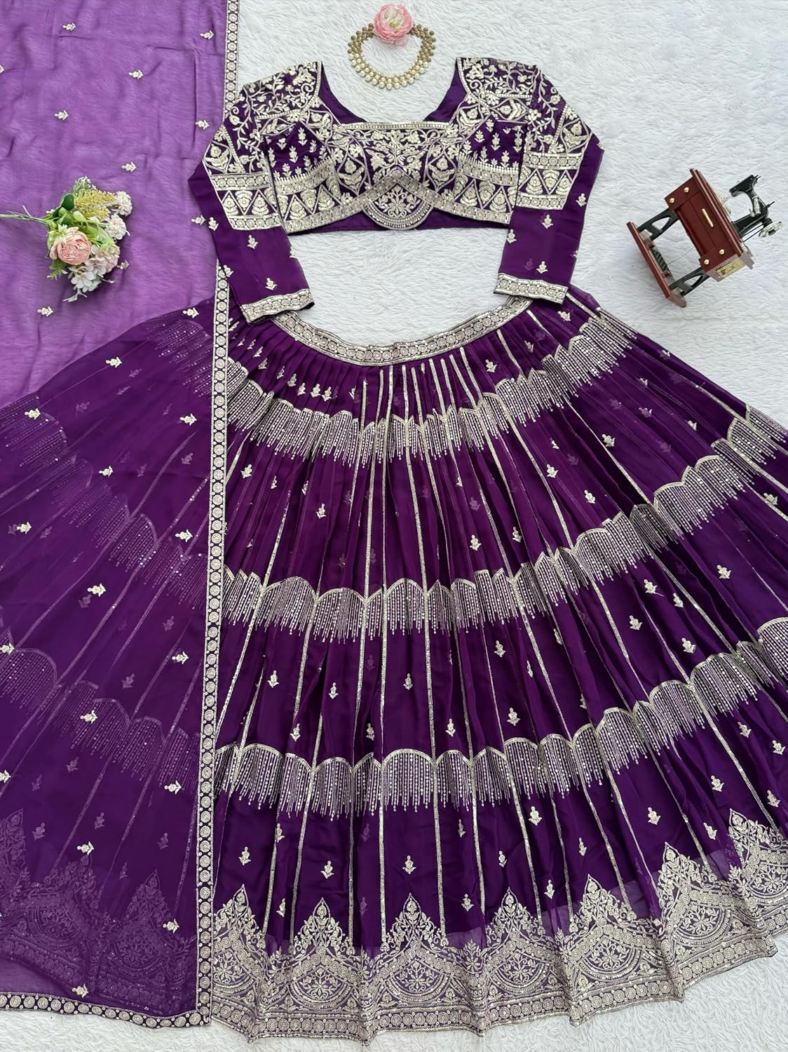 Women Faux Georgette Embroidered Lehenga Choli Set with Sequin Work & Dupatta | Stitched Lehenga Up to Size 44