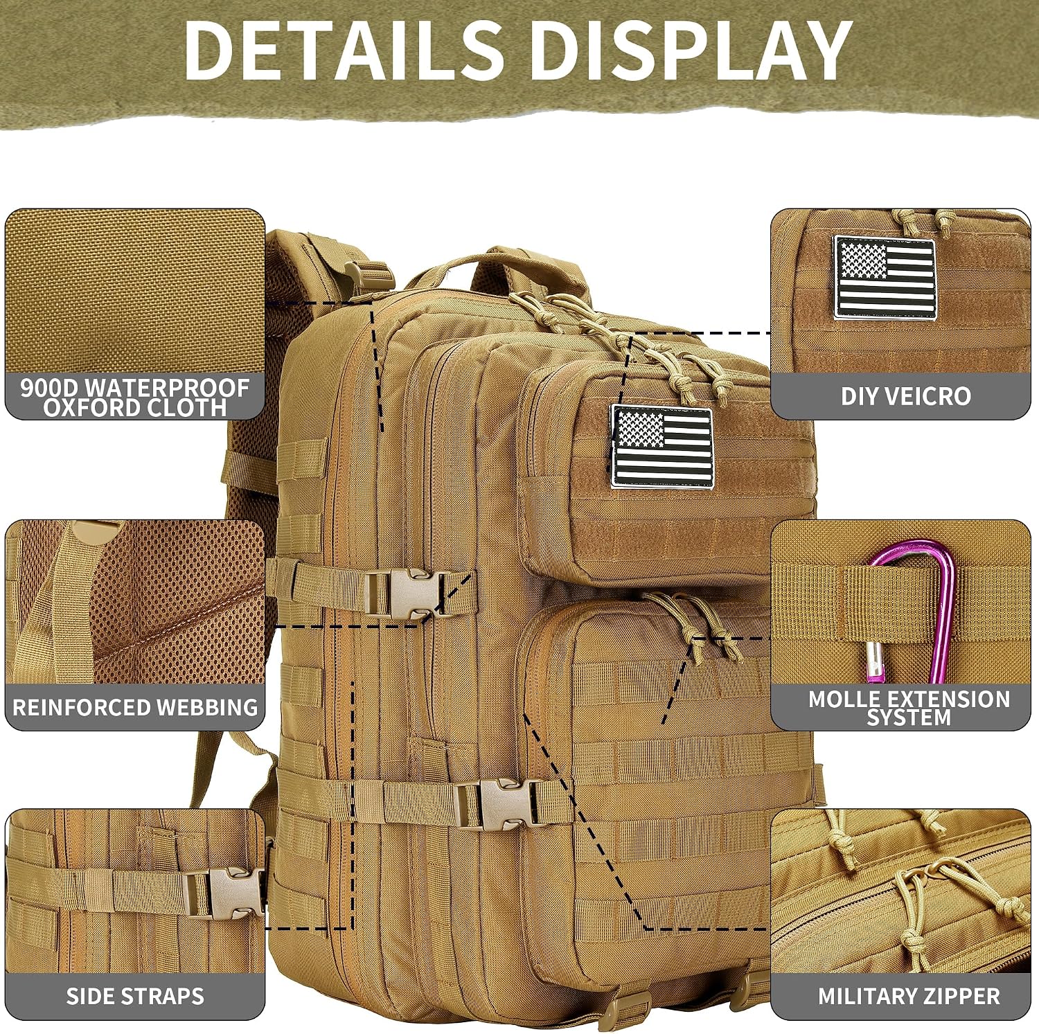 45L Military Tactical Backpacks 3 Days Assault Pack Bag Fitness Rucksack 3 Day Bug Out Bag Hiking Treeking Molle Daypack (Khaki)