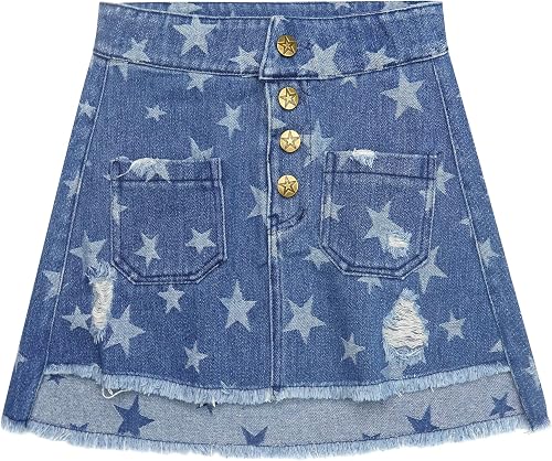 KIDSCOOL SPACE Girls Denim Skirt,Ripped Soft Raw Edge Star Printed Summer Short 